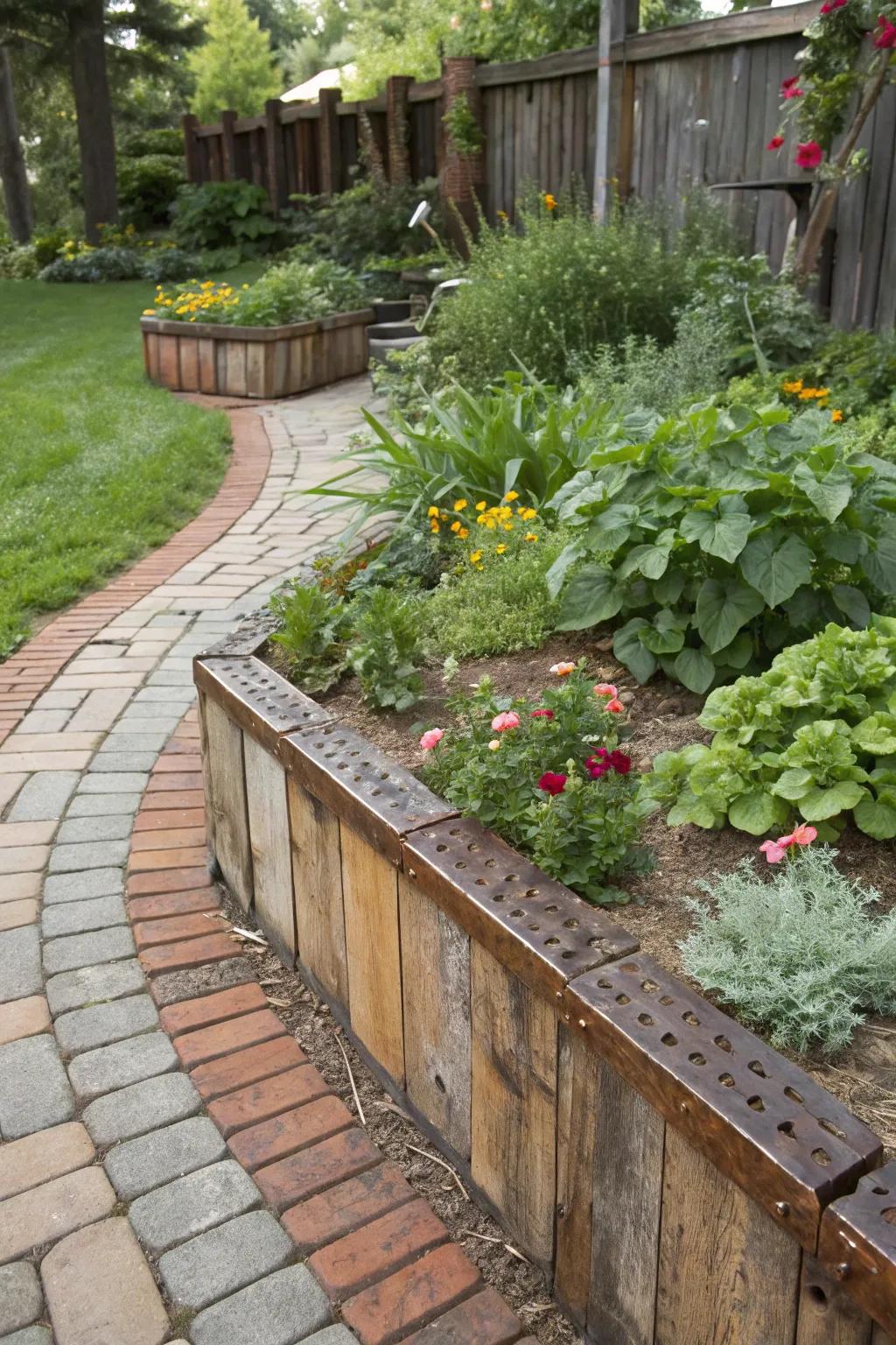 The fusion of diverse edging materials introduces both texture and visual dynamism.