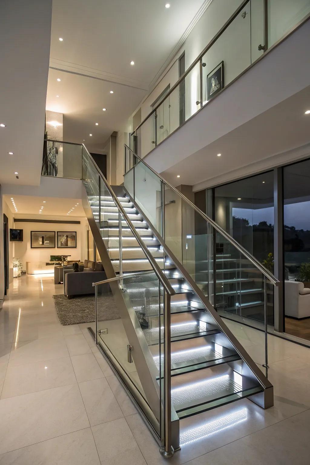 A sophisticated blend of metal and glass for a chic stairway.