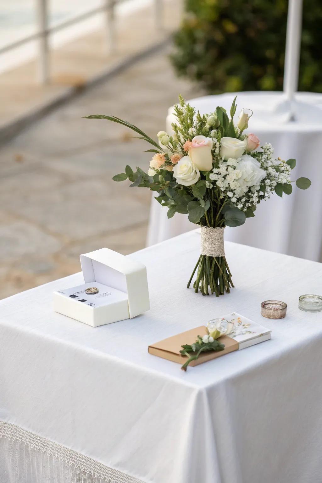A minimalist gift table keeps the focus on the celebration.