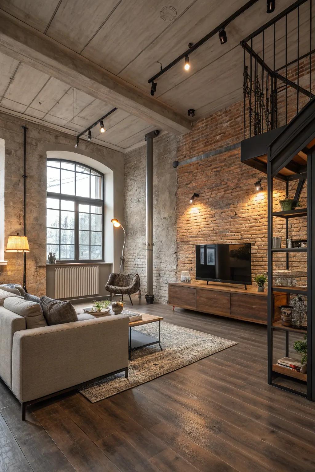 Concrete and timber fashion a sophisticated, industrial-chic ambiance.