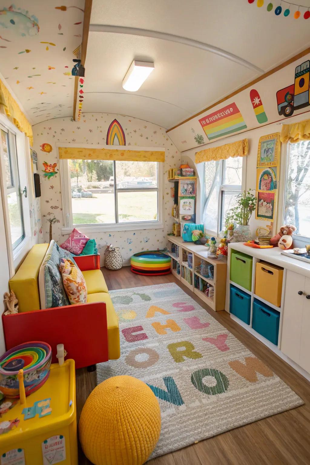 An energetic children's activity center including toys and colorful décor, establishing a recreational setting.