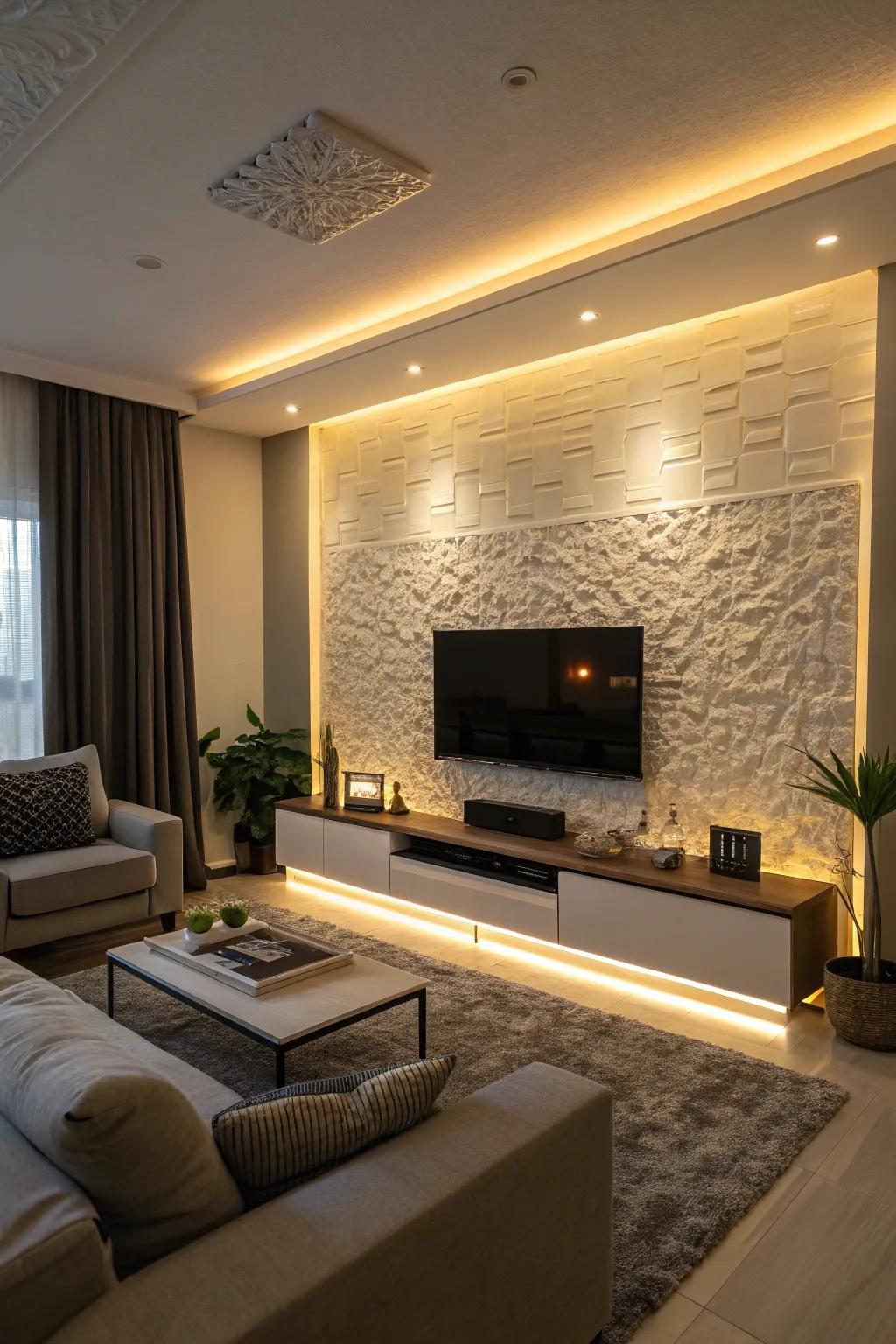 Backlit panels contribute a warm, dramatic glow to the TV wall.