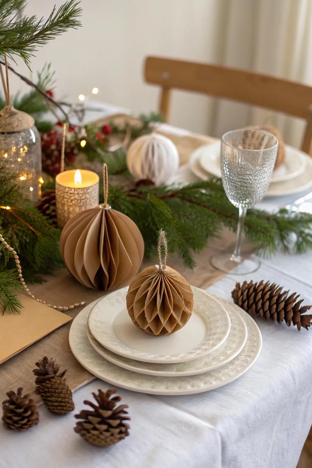 An environmentally inspired table configuration featuring ornaments constructed from recycled paper.
