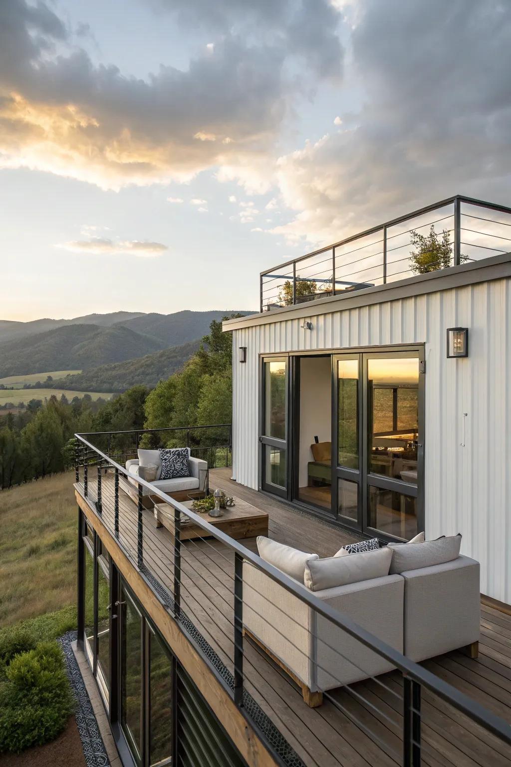 A modular home showcasing a high-rise deck providing stunning views for relaxation.
