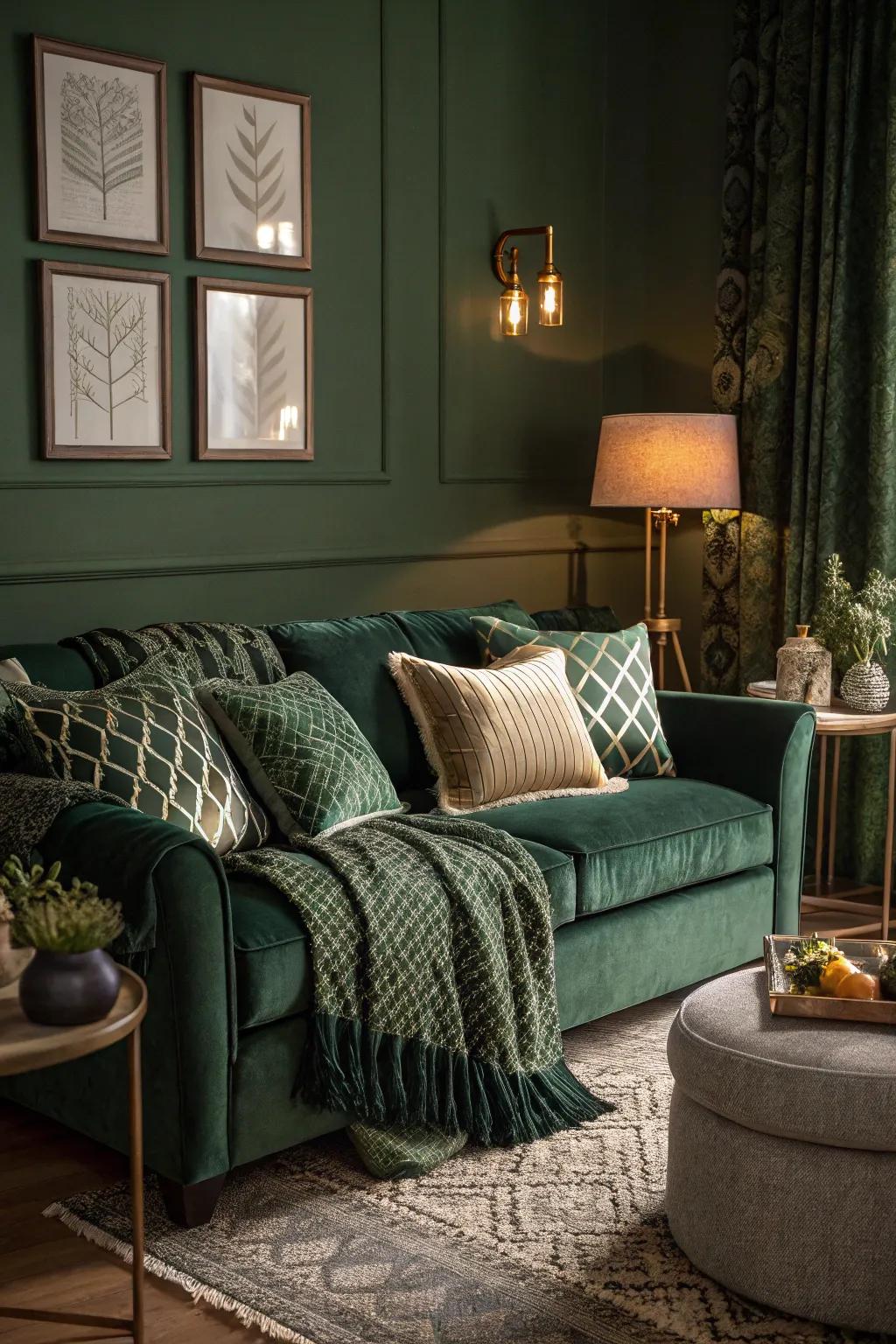 Layered textures add depth and coziness to a dark green living room.