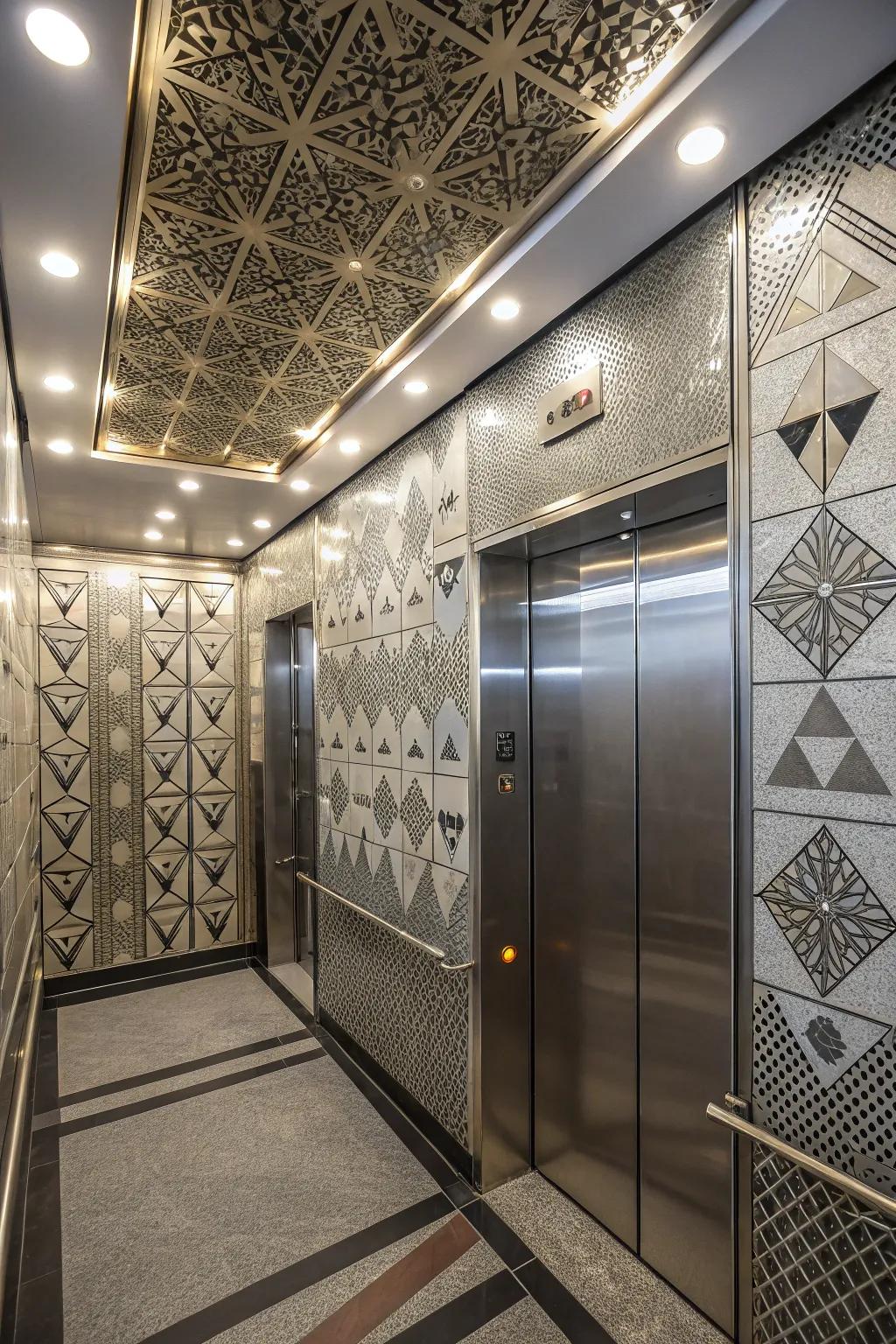An elevator showcases geometry-inspired patterns for a modern flair.
