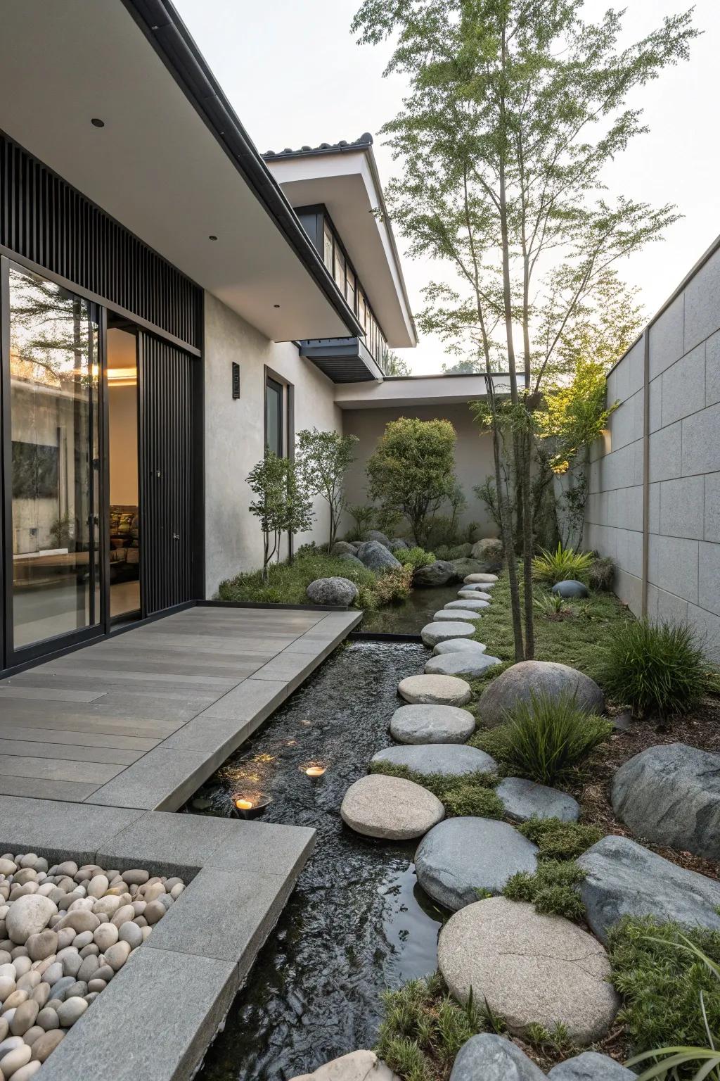 A contemplative space offers serenity and equilibrium at the entryway.