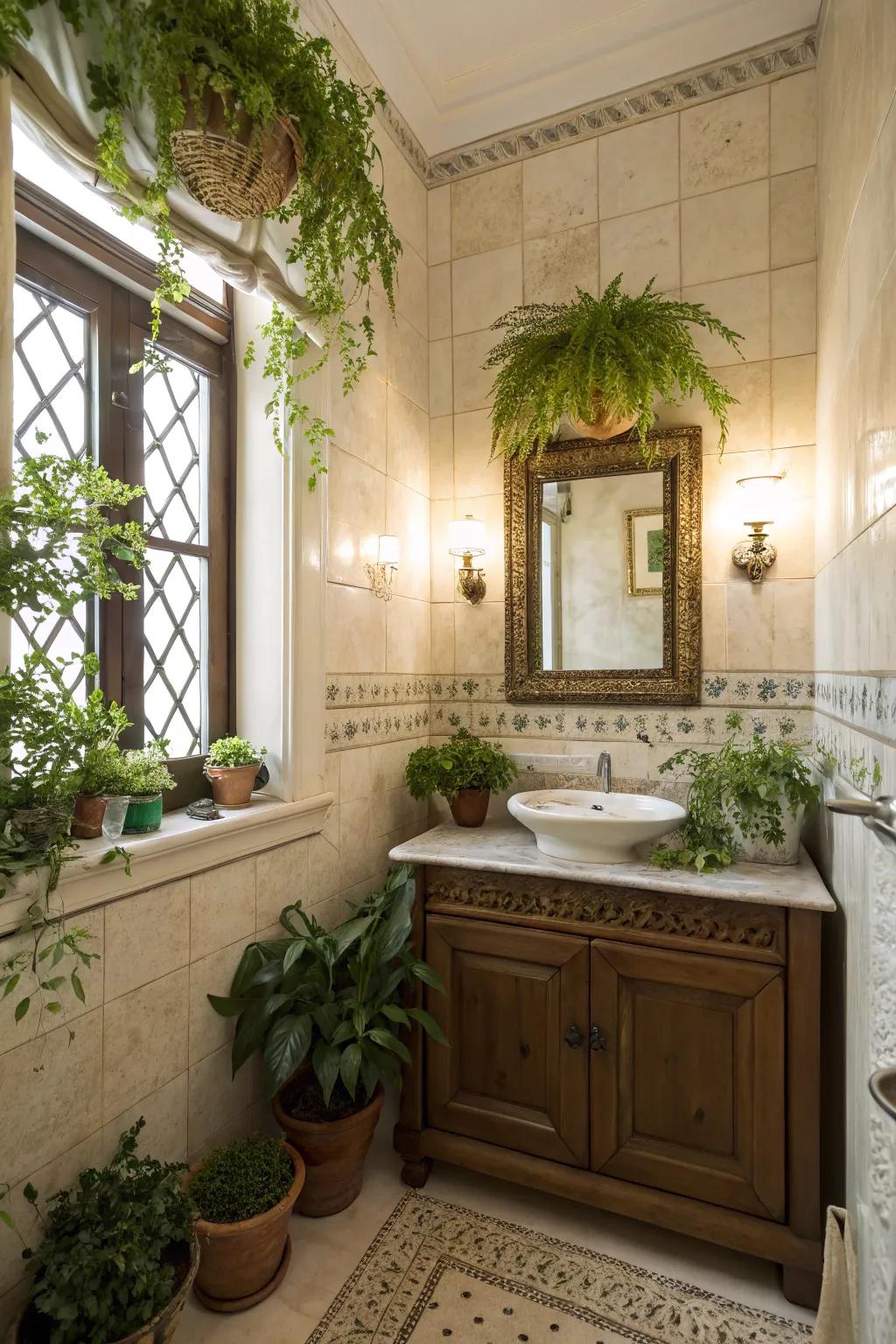 Potted plants and verdant accents uplift a powder room.