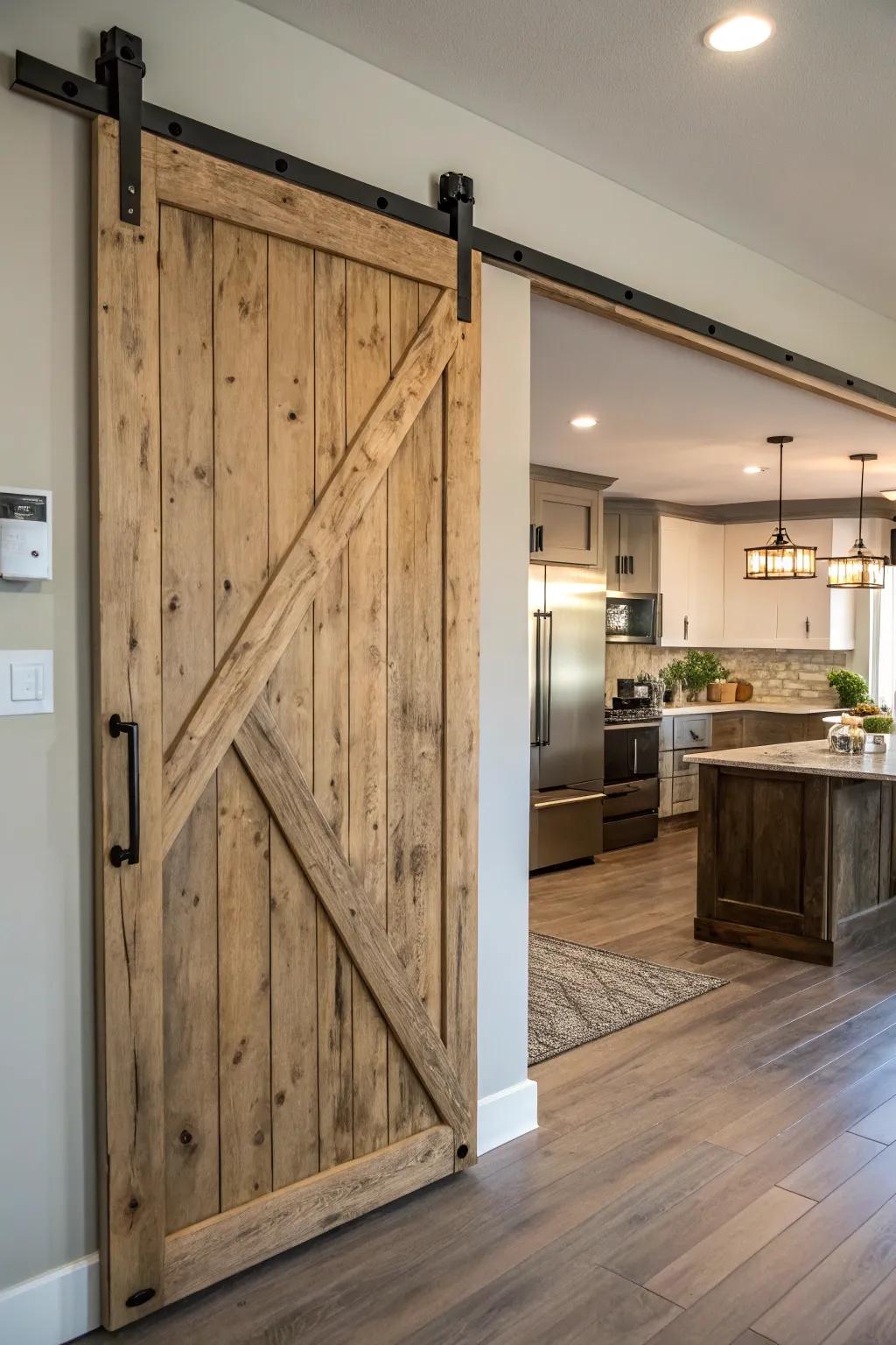 Country-style sliding shed door in a kitchen setting.