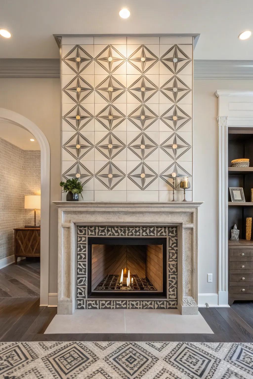 Fireplace featuring architectural geometric stone design.