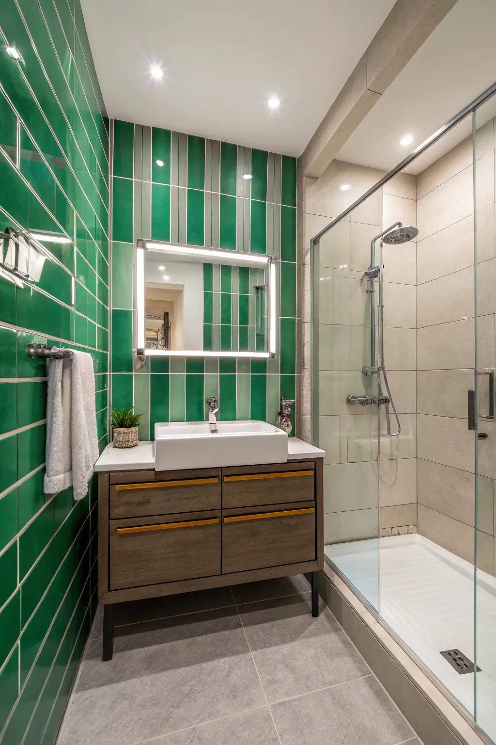 Striking panache with bold verdant band tiles.