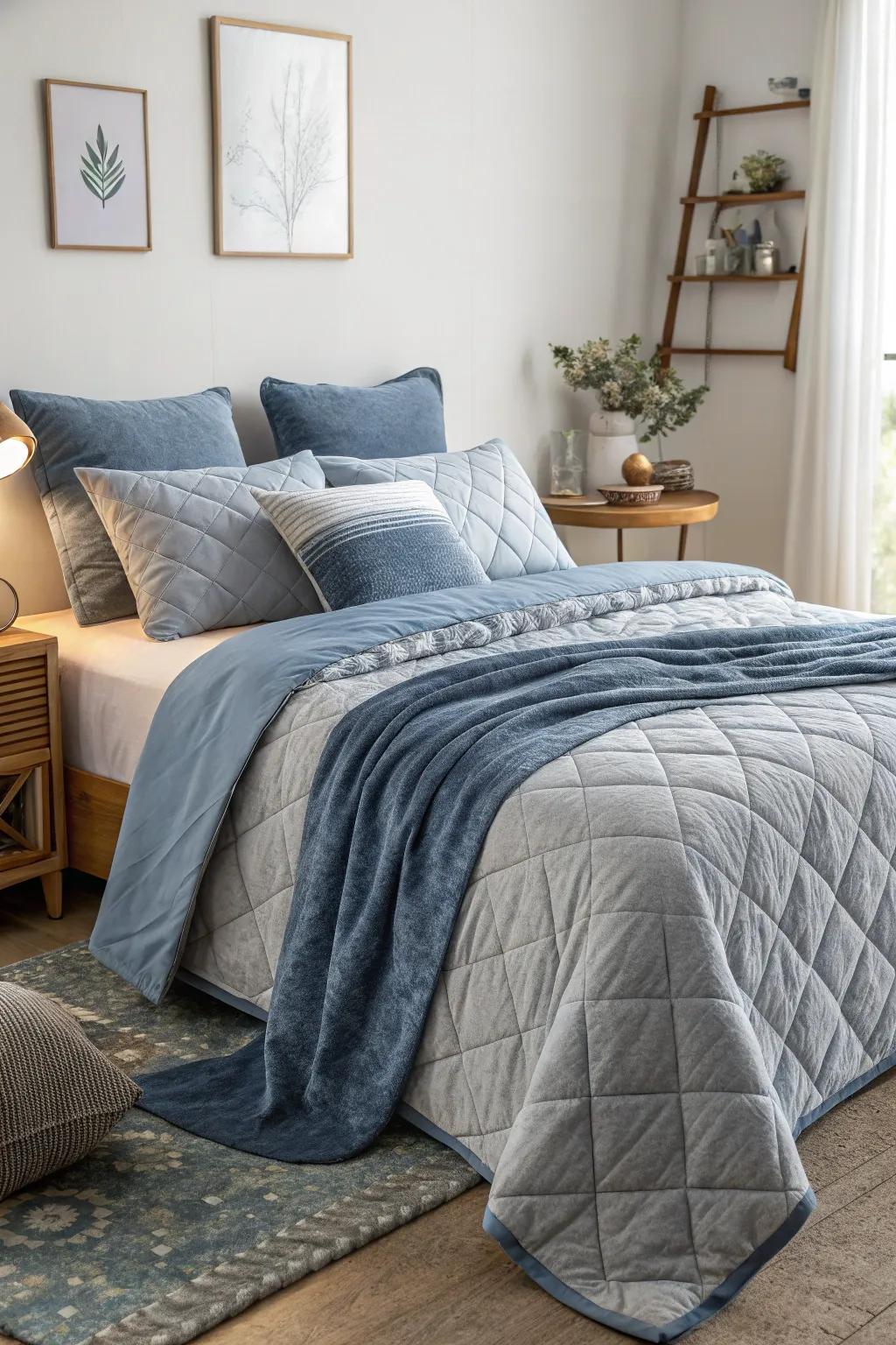 Layering grey and azure bedding introduces dimension and texture to your bedroom.