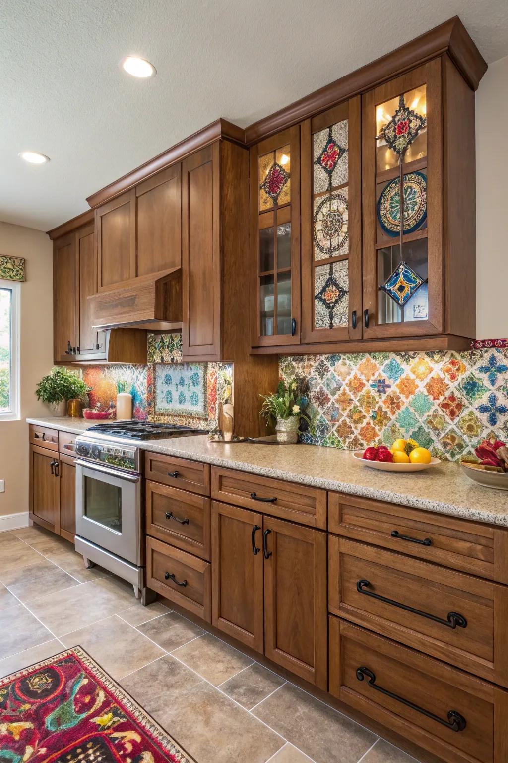Colorful accents bring vibrancy to walnut culinary spaces.