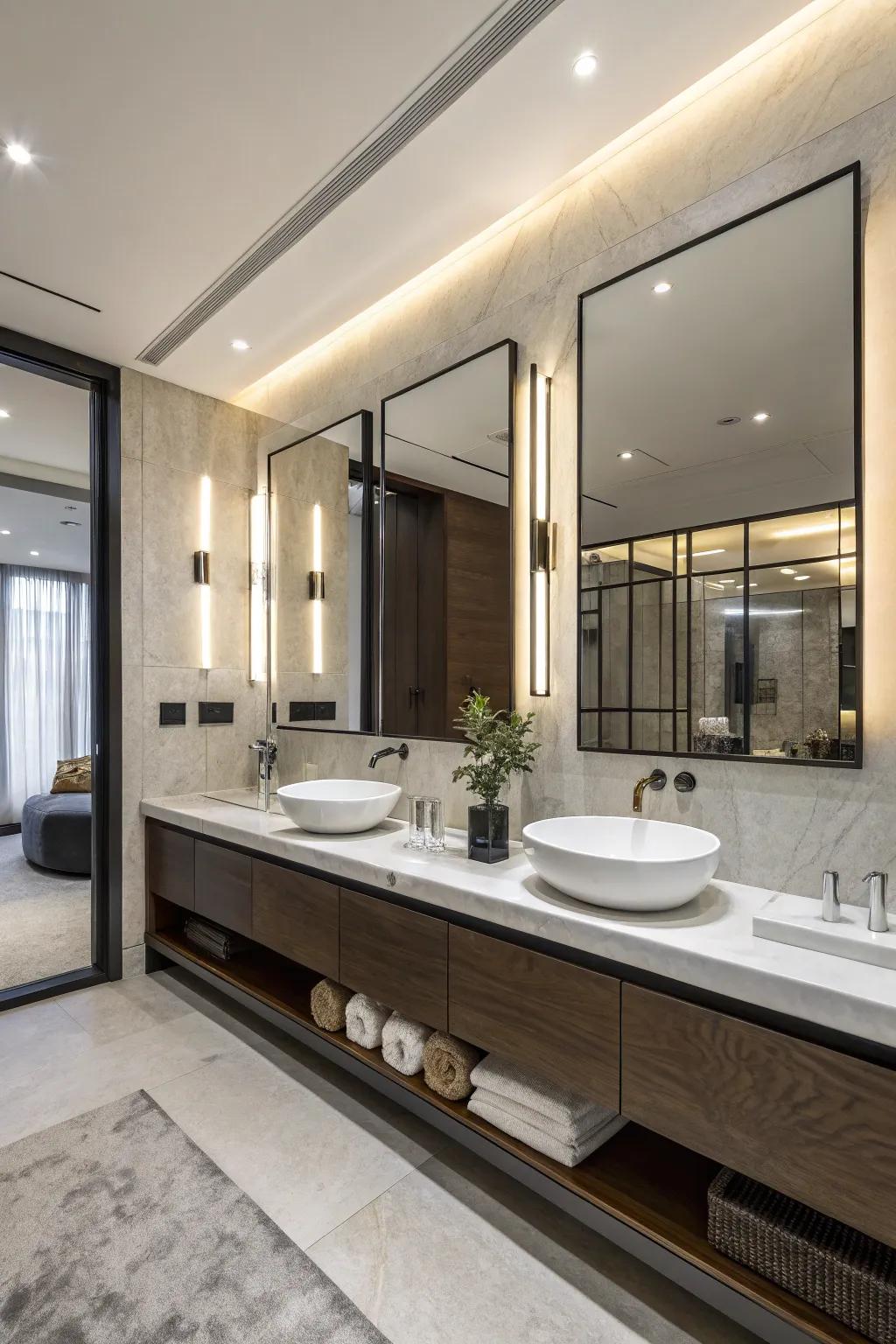 Unframed reflectors heighten the spacious sensation within this bathroom.