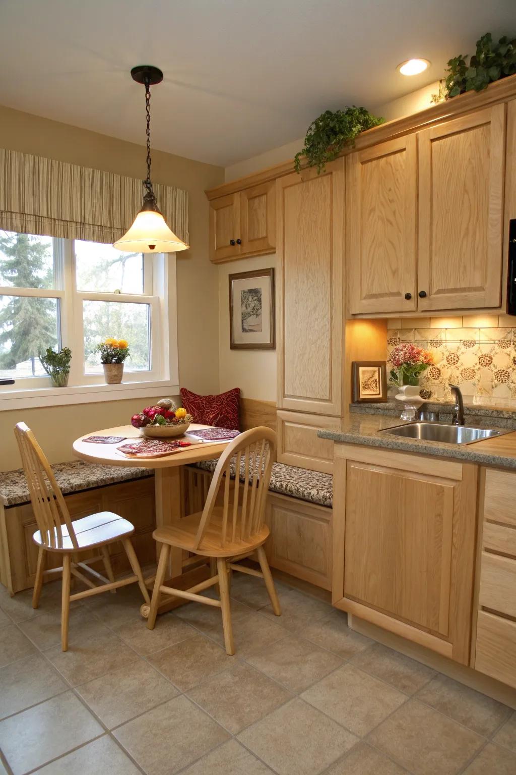 A comfortable breakfast nook nestled amidst pale maple cabinets provides an enchanting refuge.