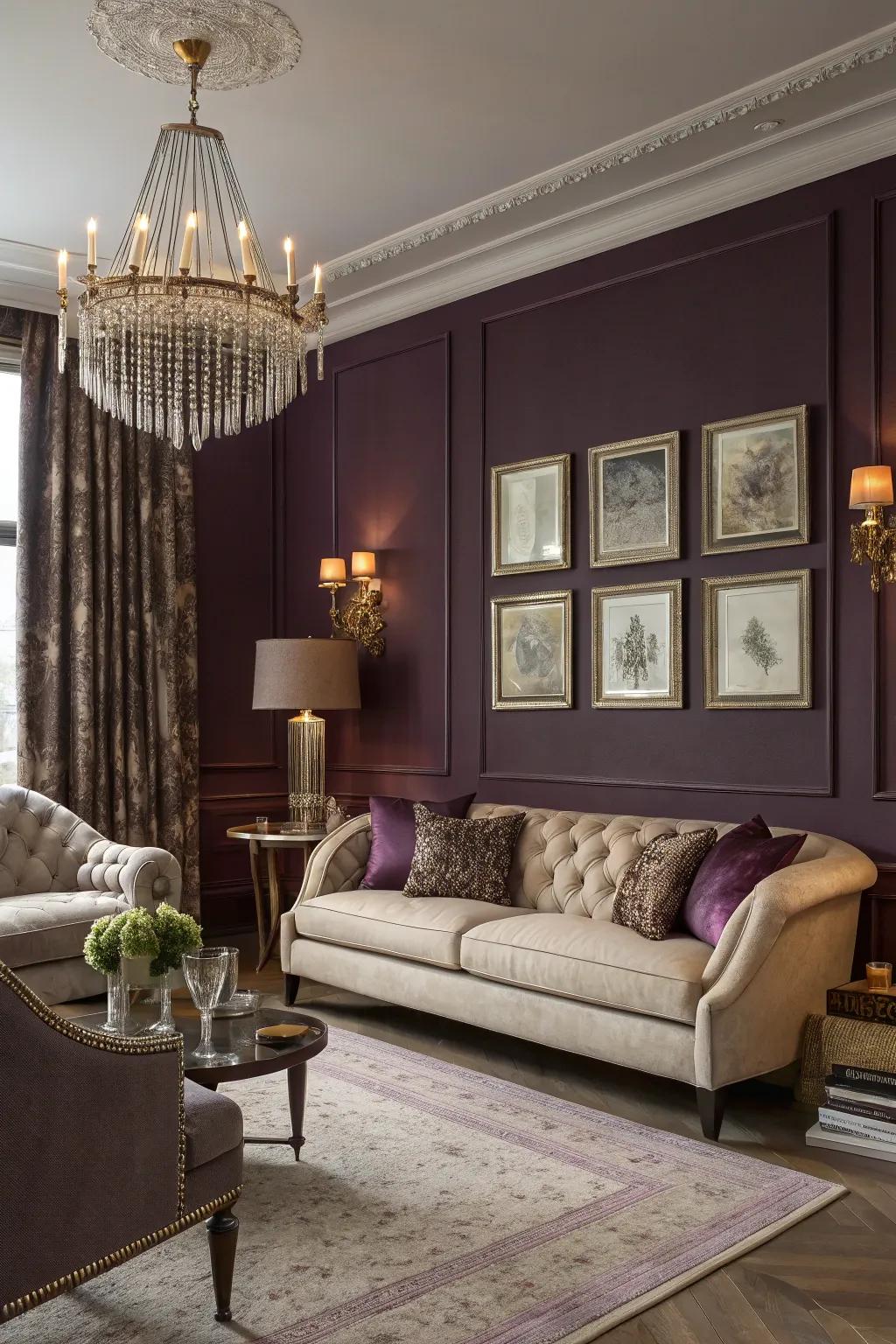 Plum walls introduce a moody elegance to this refined living space.