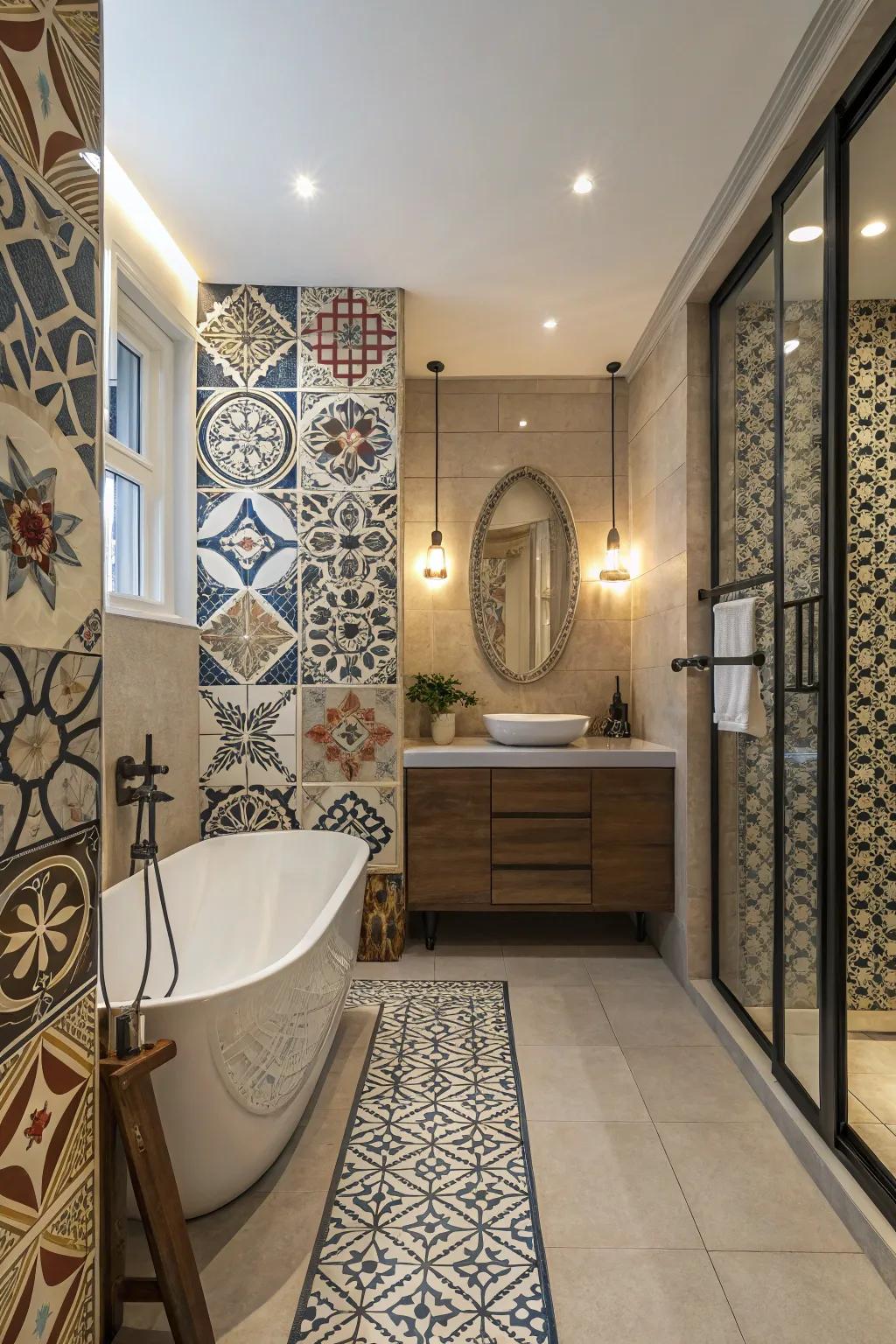 Unique tiling schemes contribute a personalized touch to this bathroom.