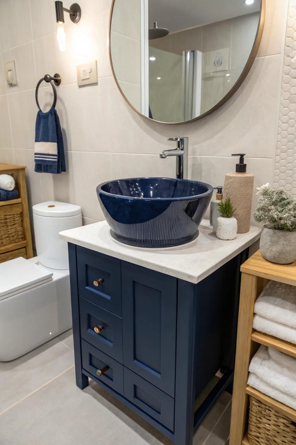 Unique basin designs impart character to midnight blue bathrooms.
