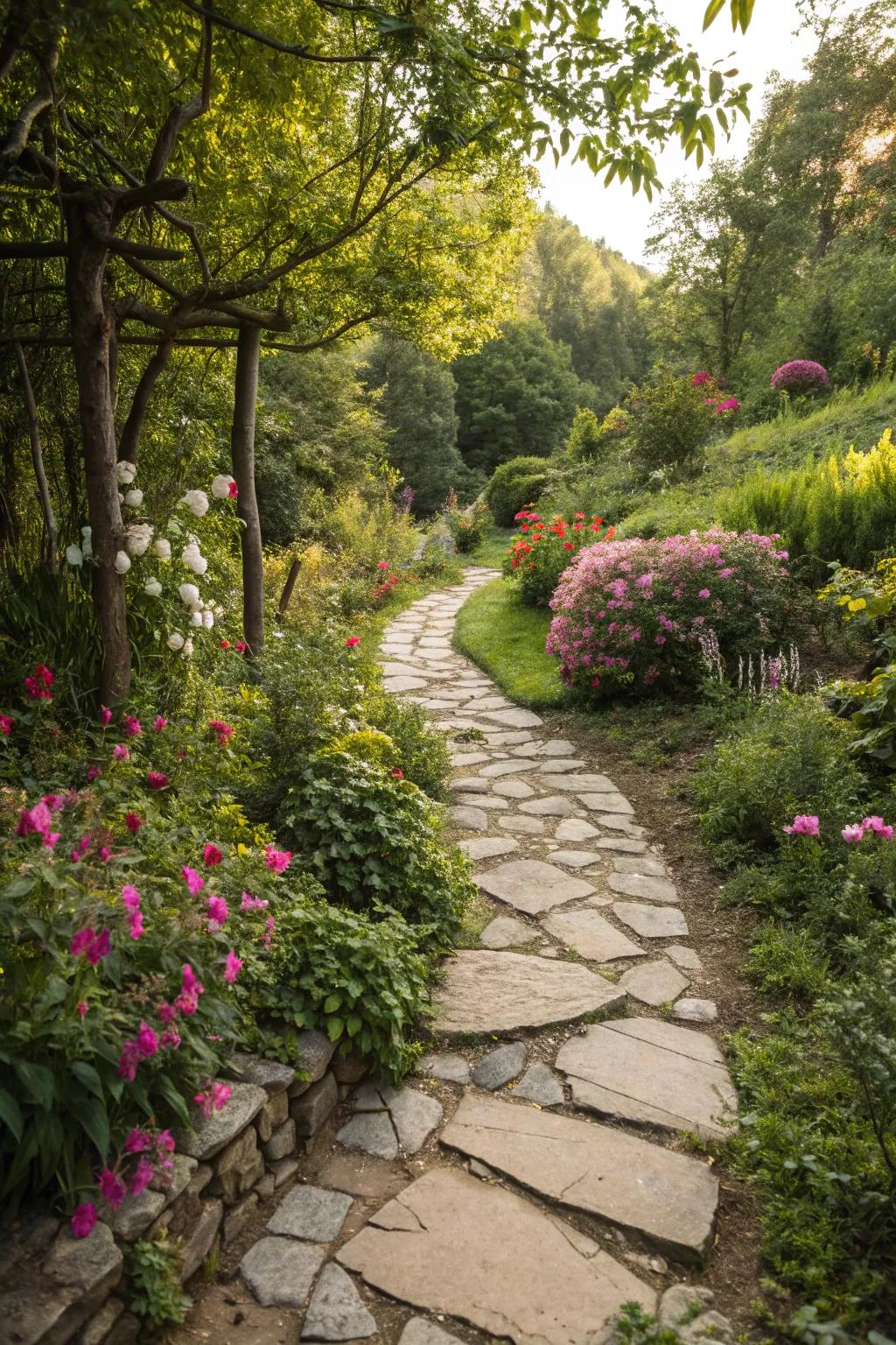 A garden walkway crafted from sustainable resources, merging style with eco-consciousness.