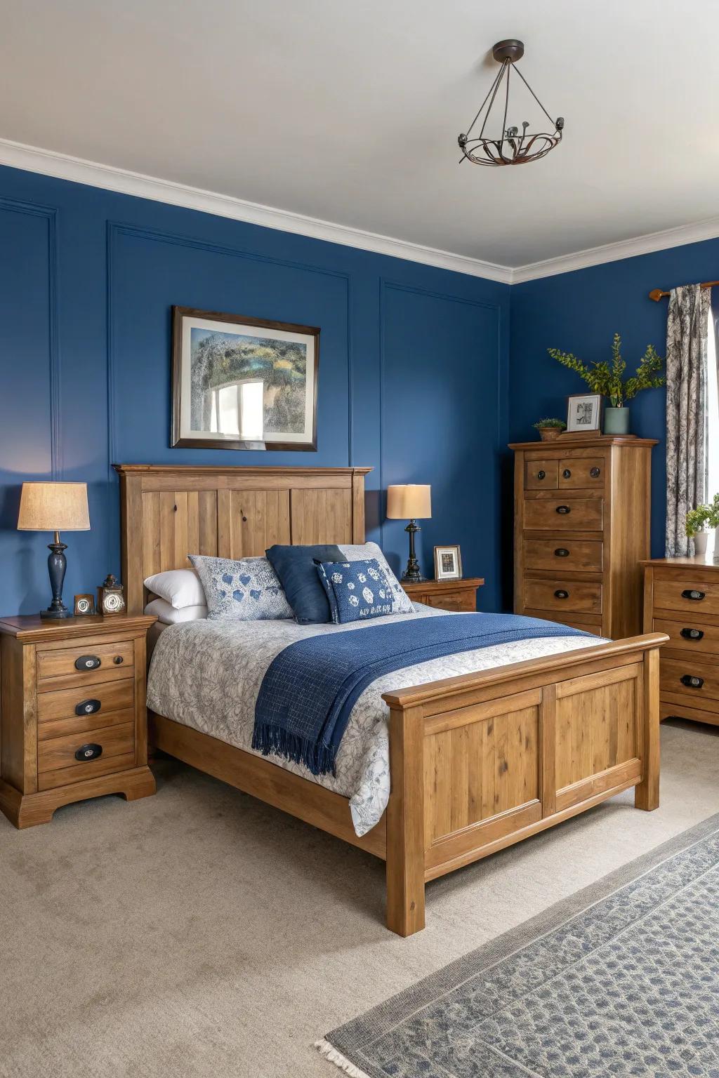 Timber elements add warmth and coziness to the sapphire blue-themed bedroom.