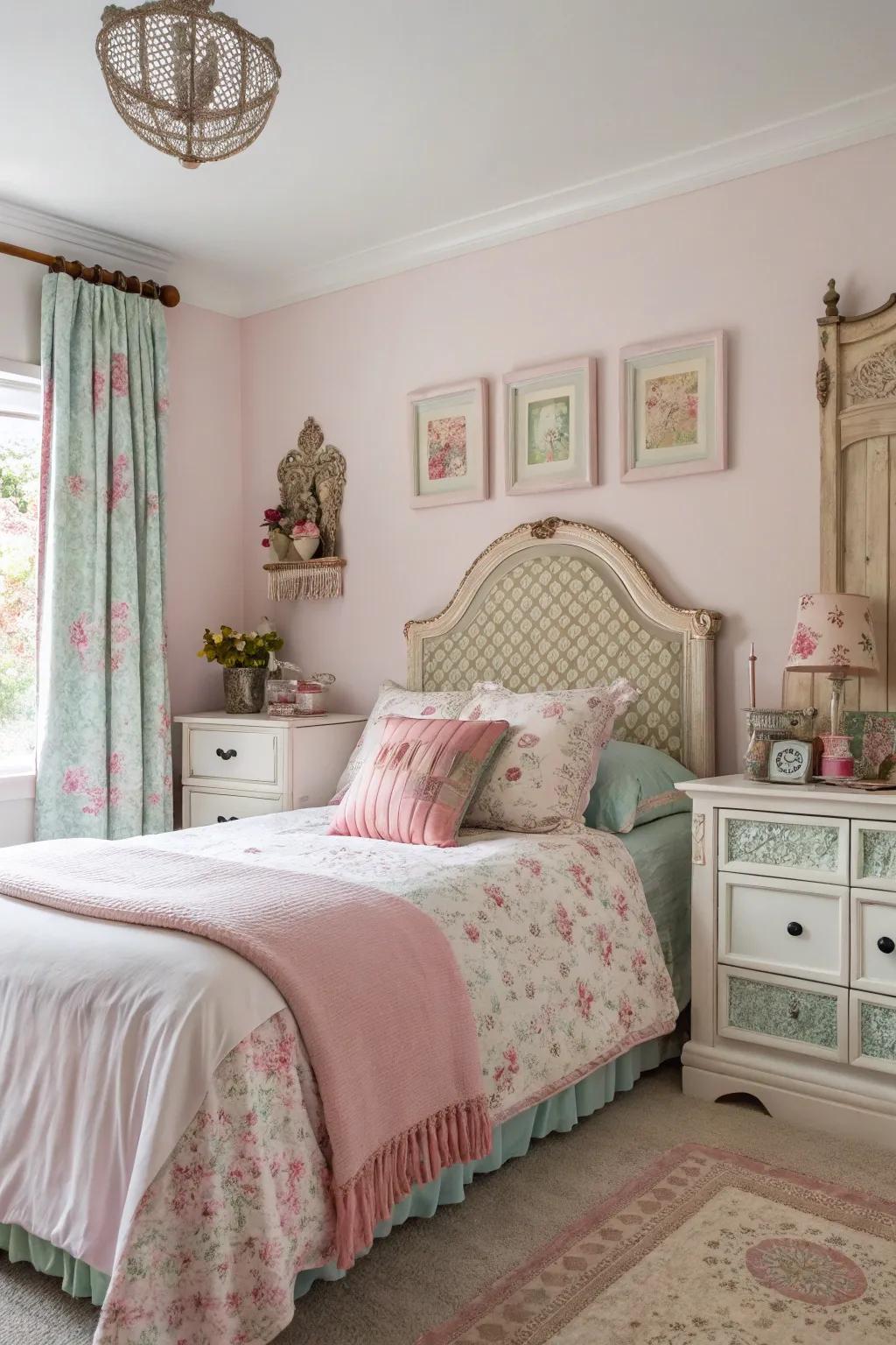 An antique headboard serves as a stunning focal point in this shabby chic bedroom.