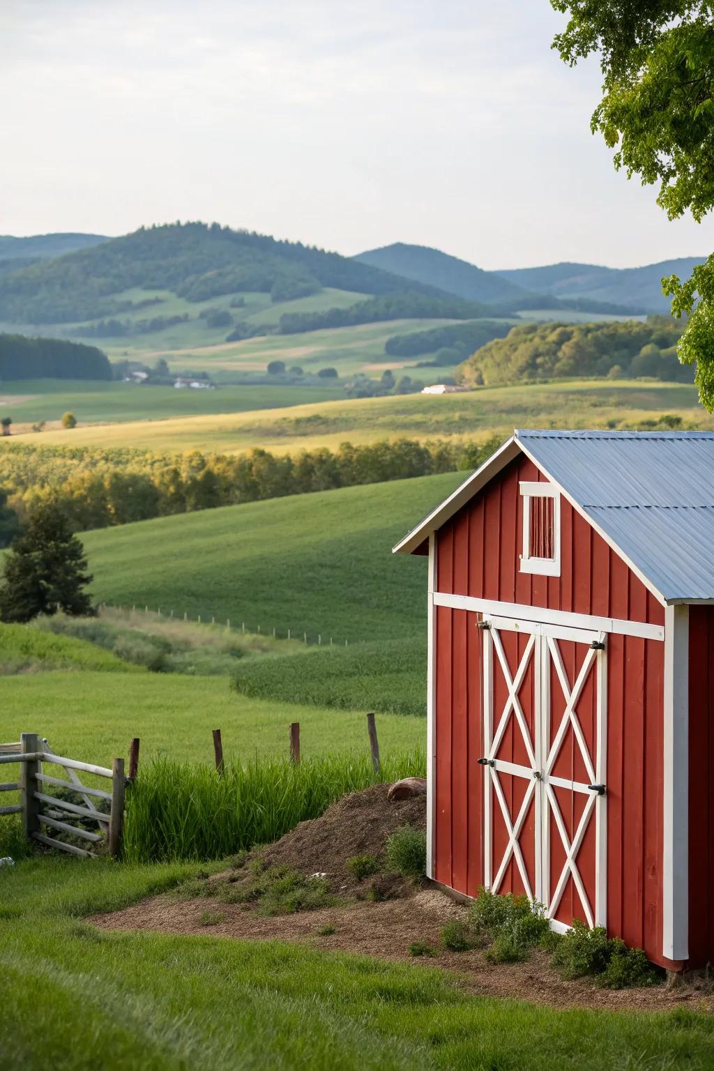 A rustic barn red shed that adds cozy charm to the garden.