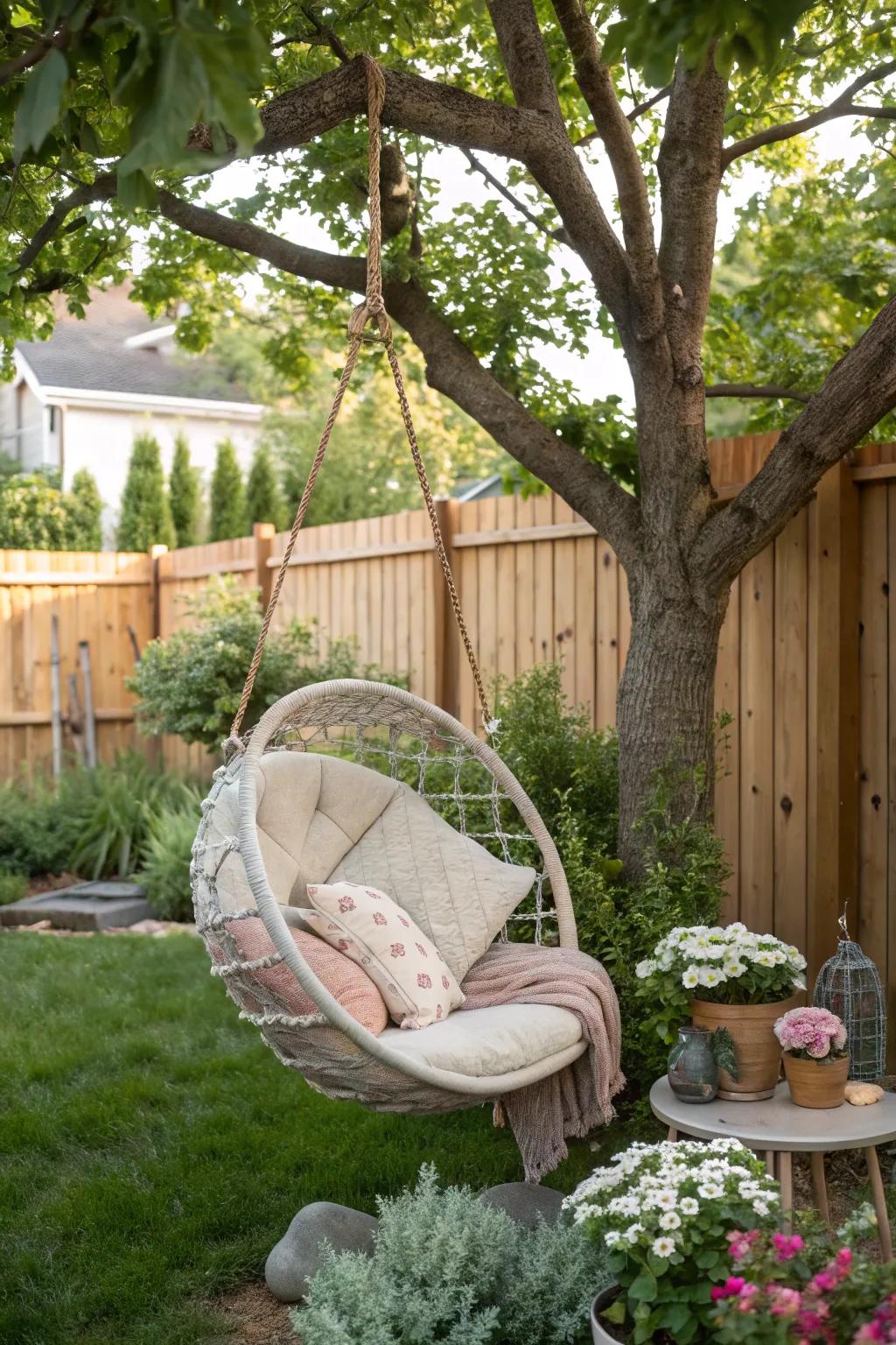 A suspended lounger adds delight and relaxation.