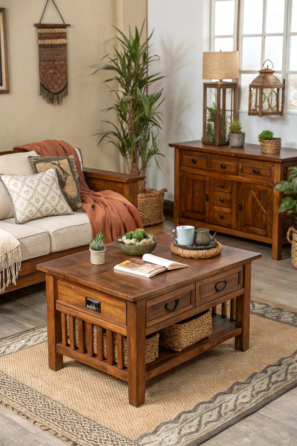 Comforting timber tints impart substance and an organic sensation.