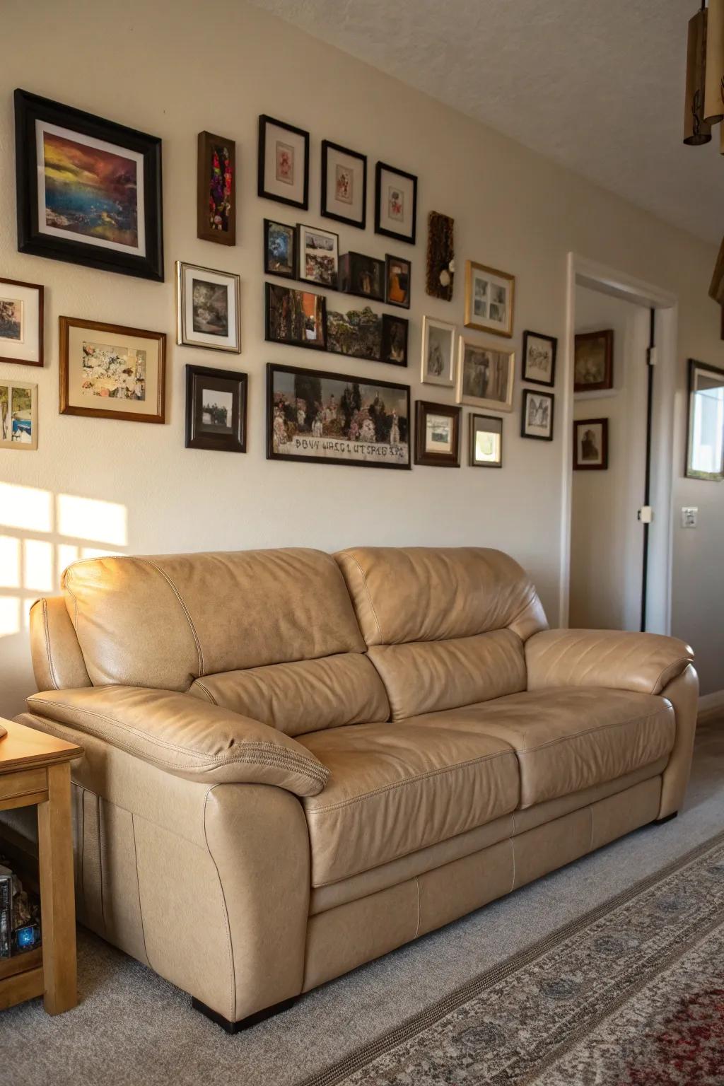 A gallery partition infuses a personal impression to a lounge featuring a tawny hide couch.