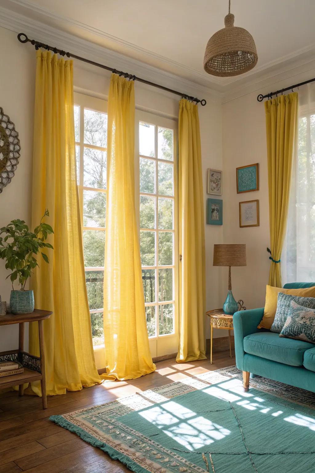 Golden window coverings enhance natural light and warmth.
