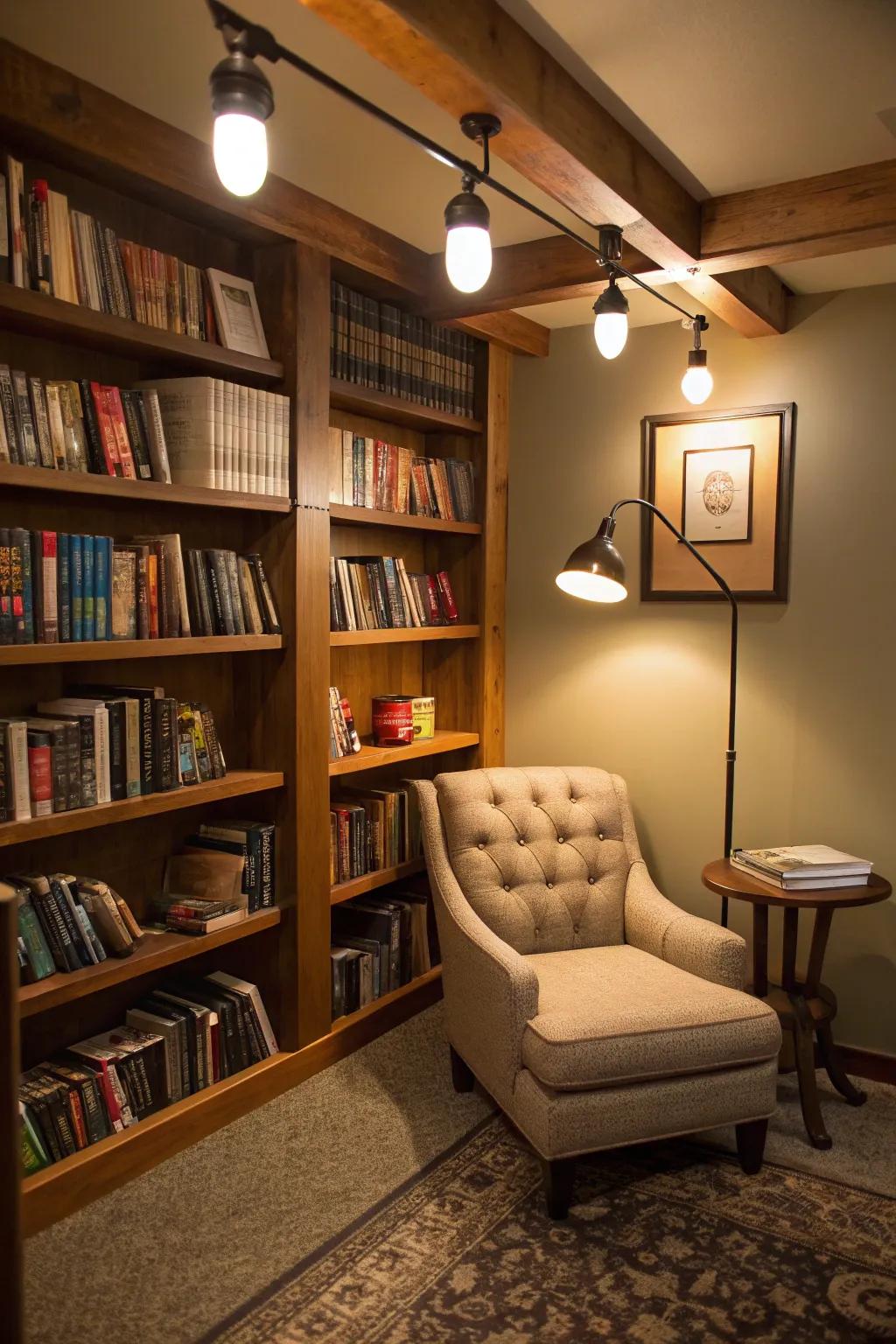 Cozy reading corner featuring versatile rail illumination employing varied bulbs.