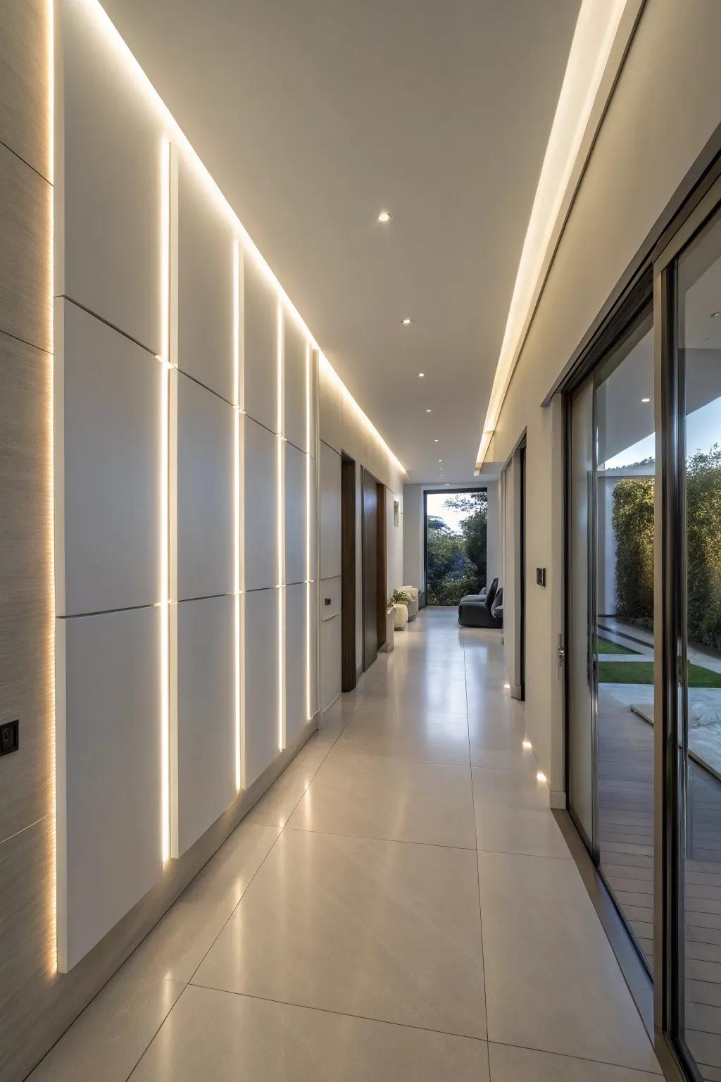 Integrated panels adding a futuristic visual impact to a corridor.