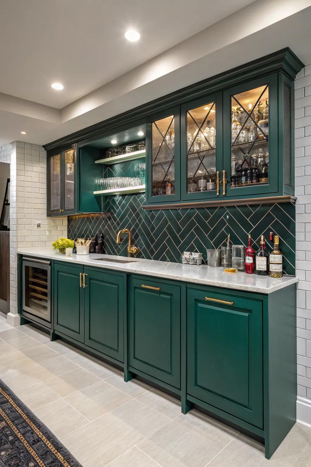 Audacious cabinet hues effectuate a proclamation inside your wet bar.