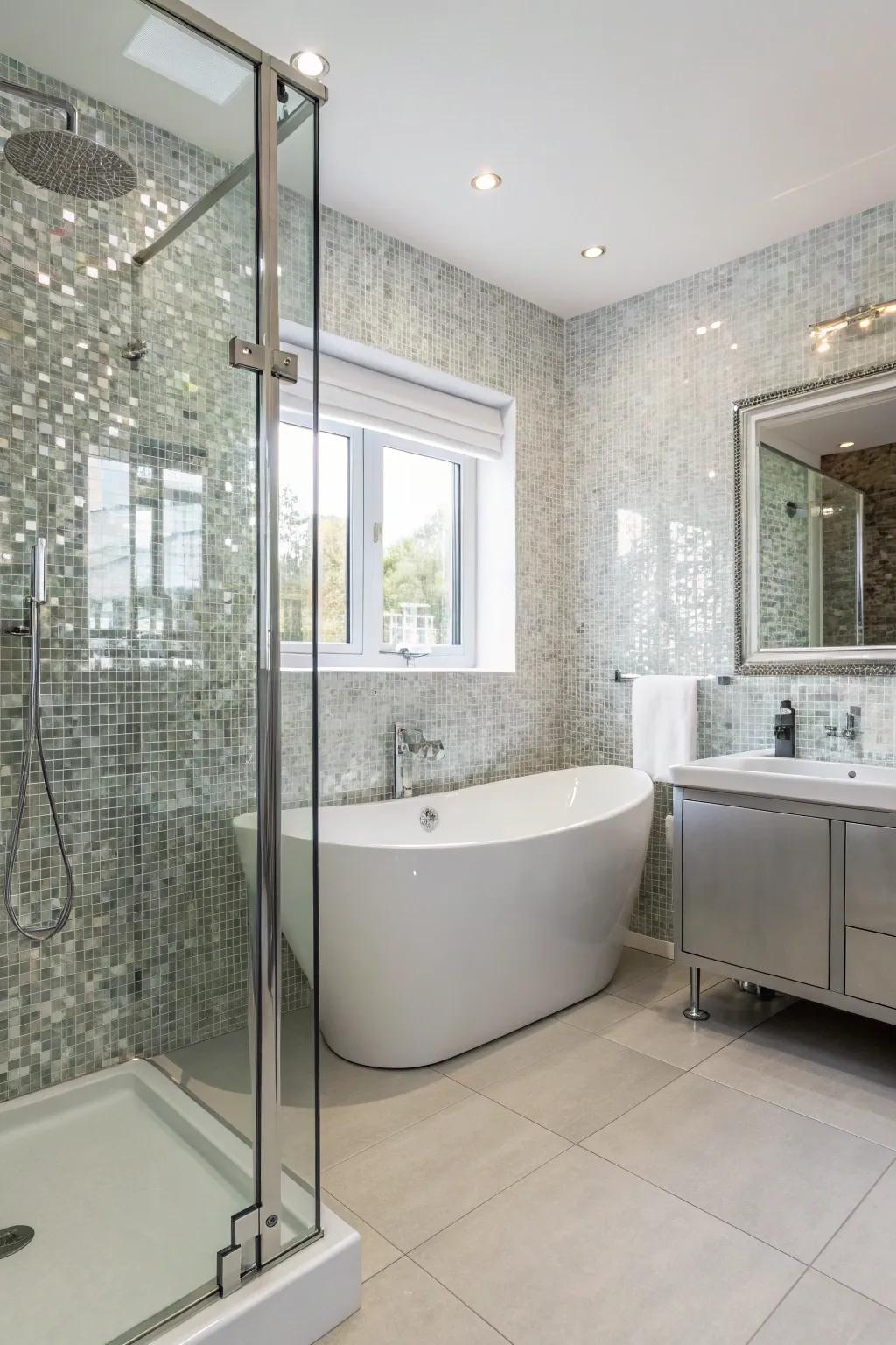 An elegant bathroom featuring reflective crystal mosaic tiles.