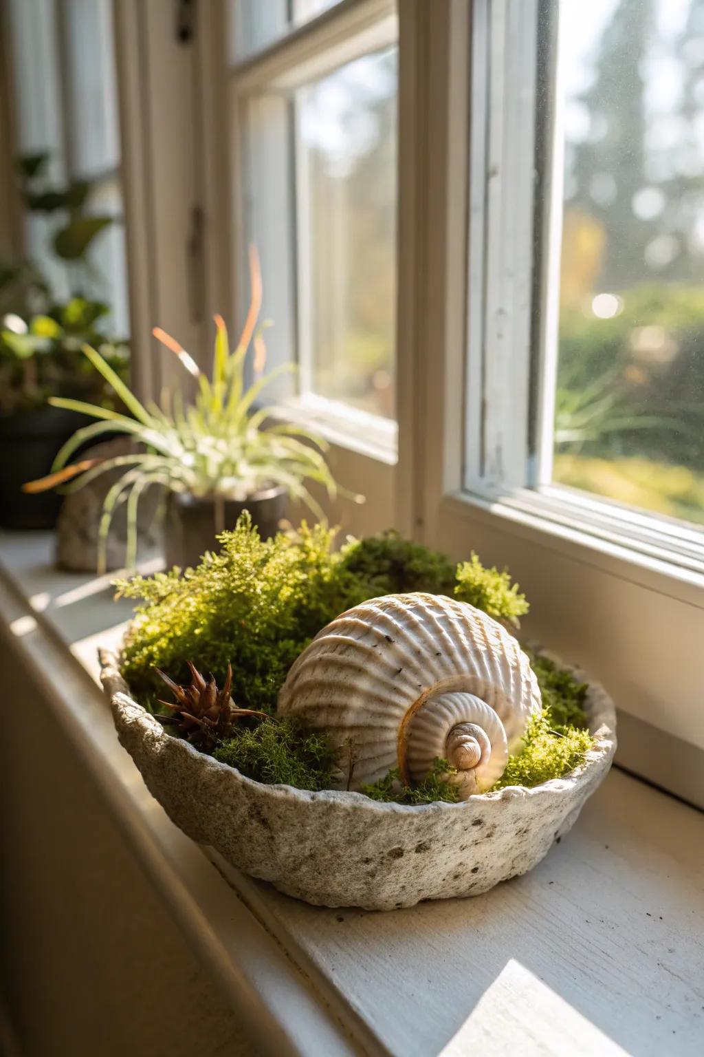 A coastal-inspired planter showcasing vegetation coupled with seashells.