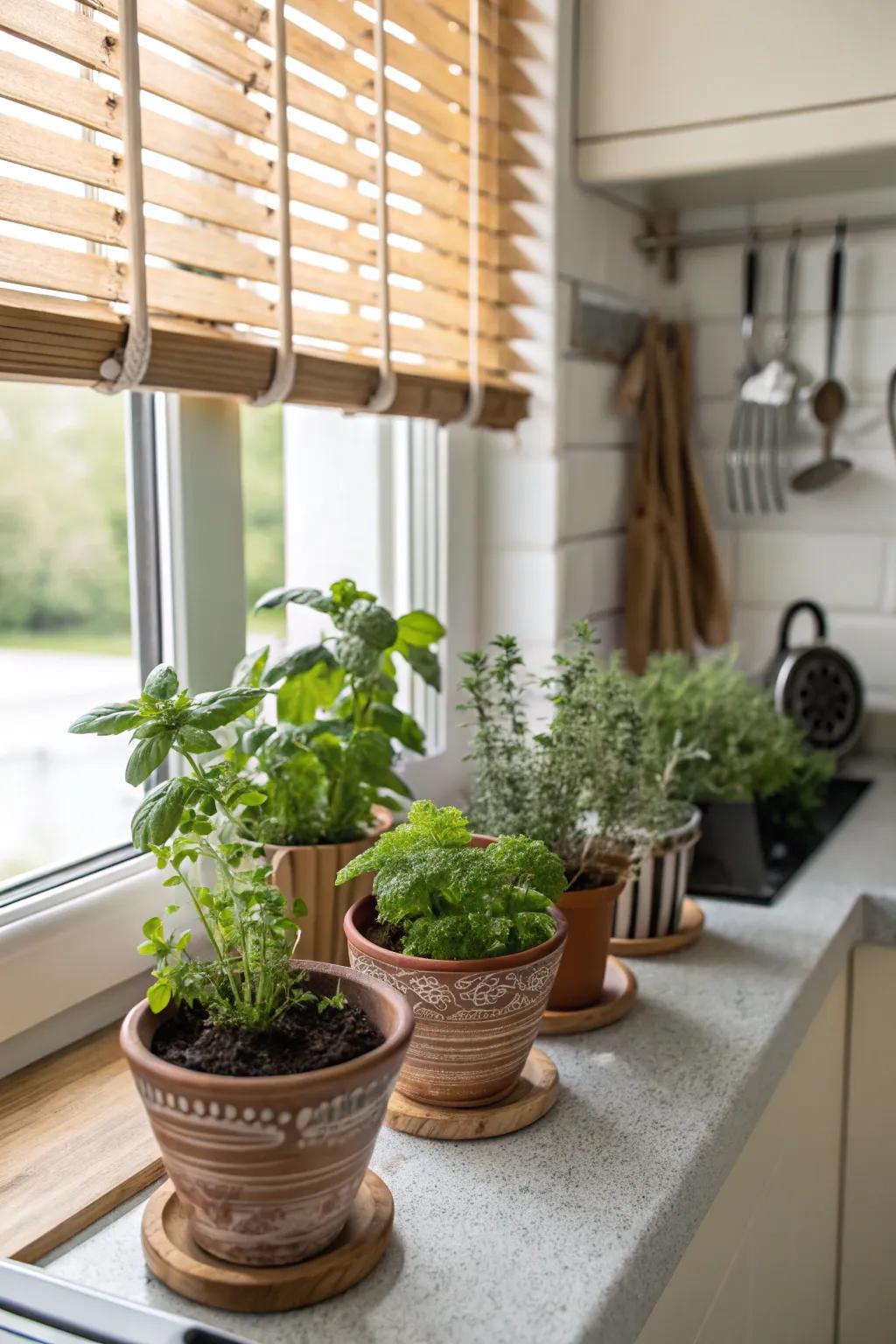 A DIY herb garden enriches the kitchen with greenery and invigorating aromas.