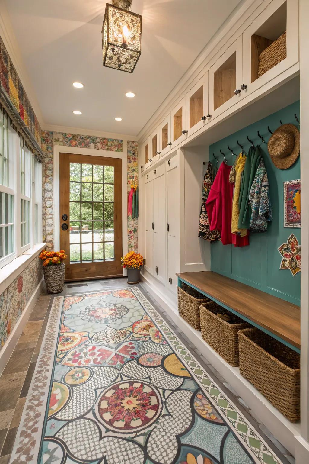Intricate tiles deliver artistic articulation and personalized flair to your mudroom.