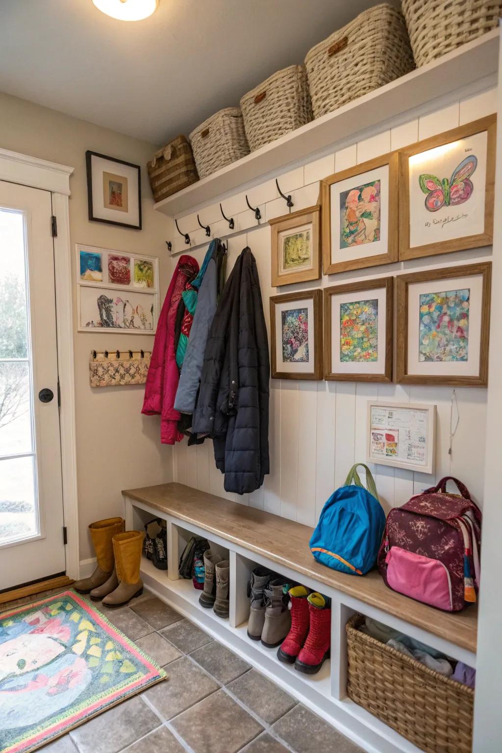 Mudroom with encased children's art adorning the partitions.