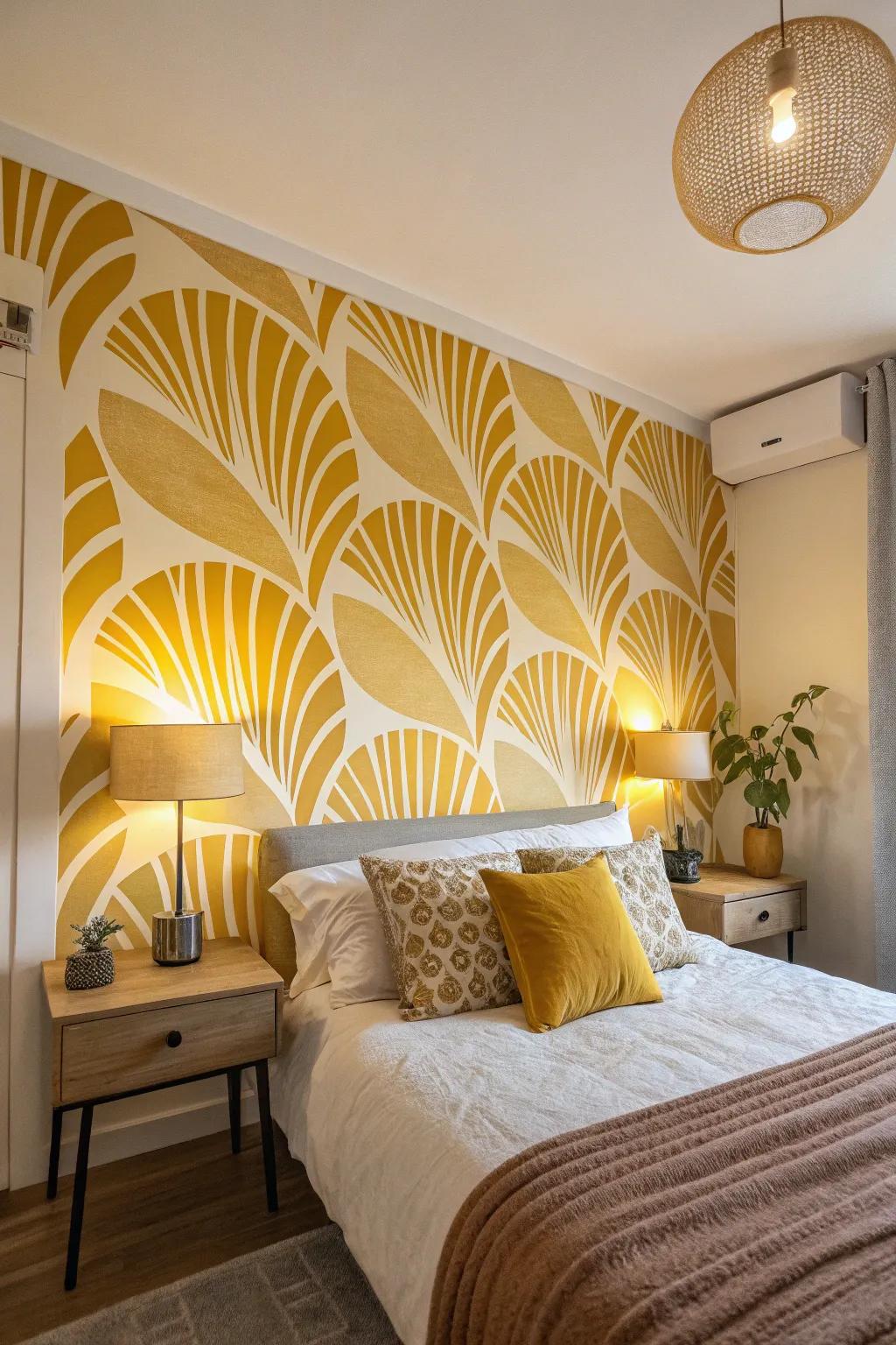 A sleeping chamber showcasing a mural accentuating amber non-figurative configurations.