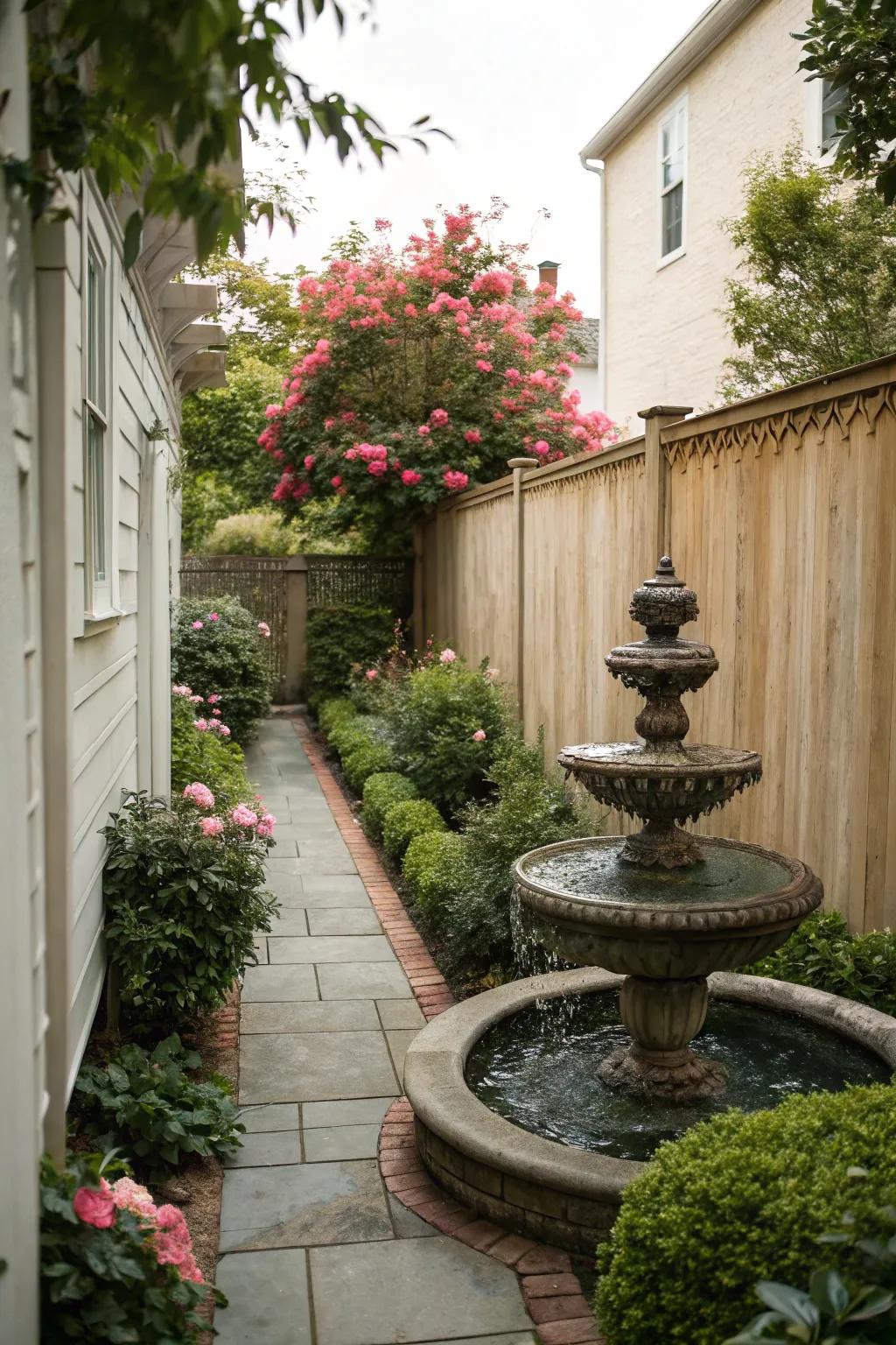 A diminutive hydrological element enhances the ambiance of a narrow garden.