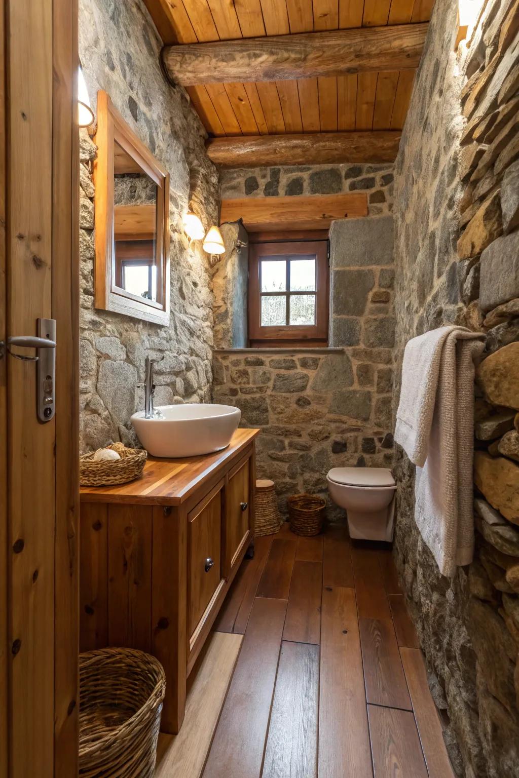 Mixing materials and textures makes small bathroom spaces more welcoming.