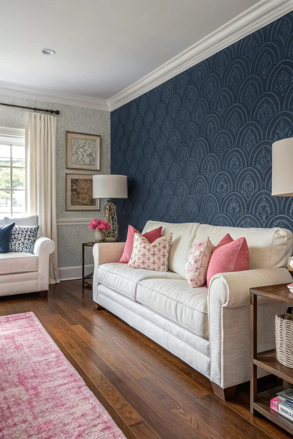 Textured marine paper covering brings depth to the lounge.