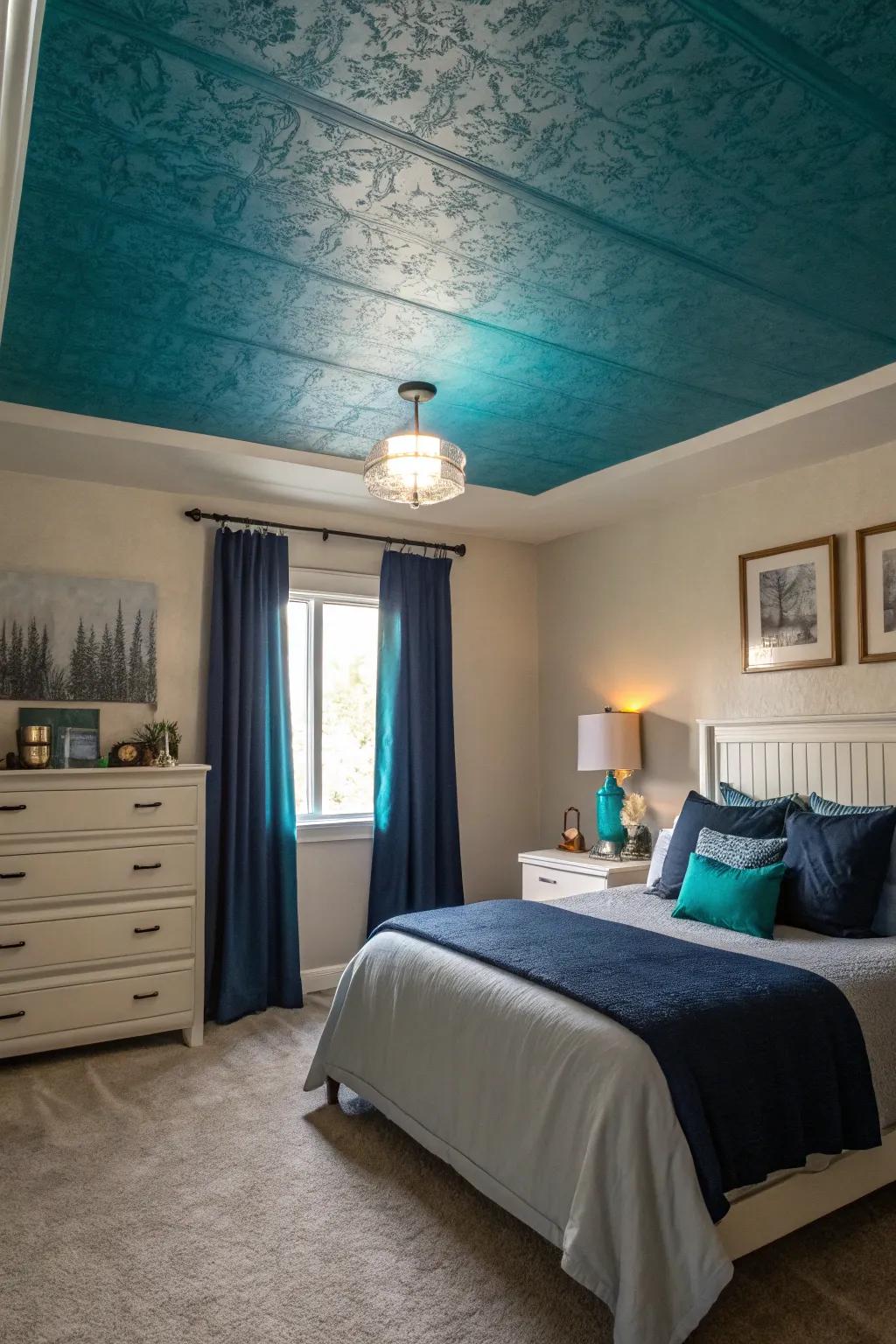 A teal ceiling creates an enveloping, snug ambiance.