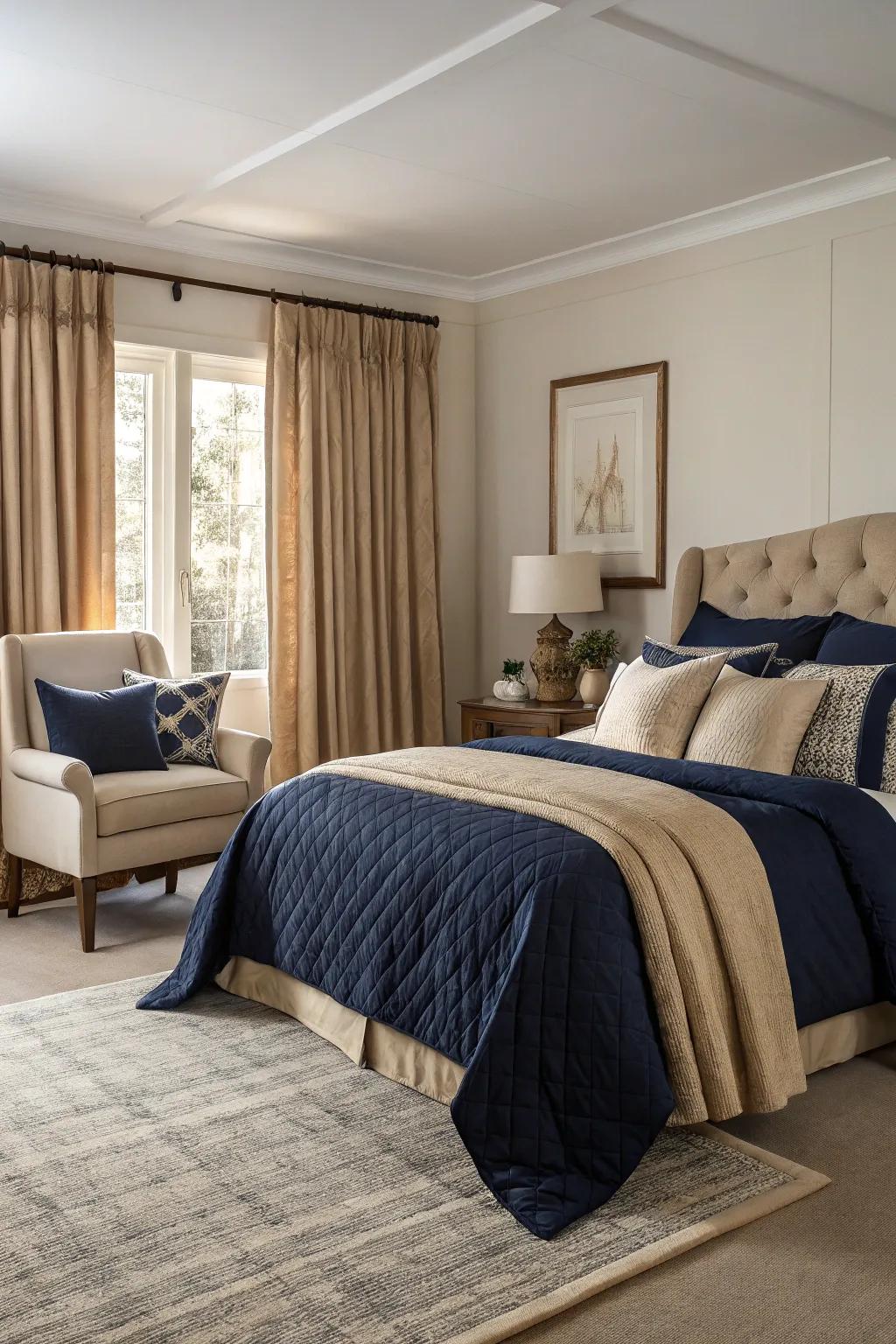 With dark blue and beige bedding, you may achieve harmony.