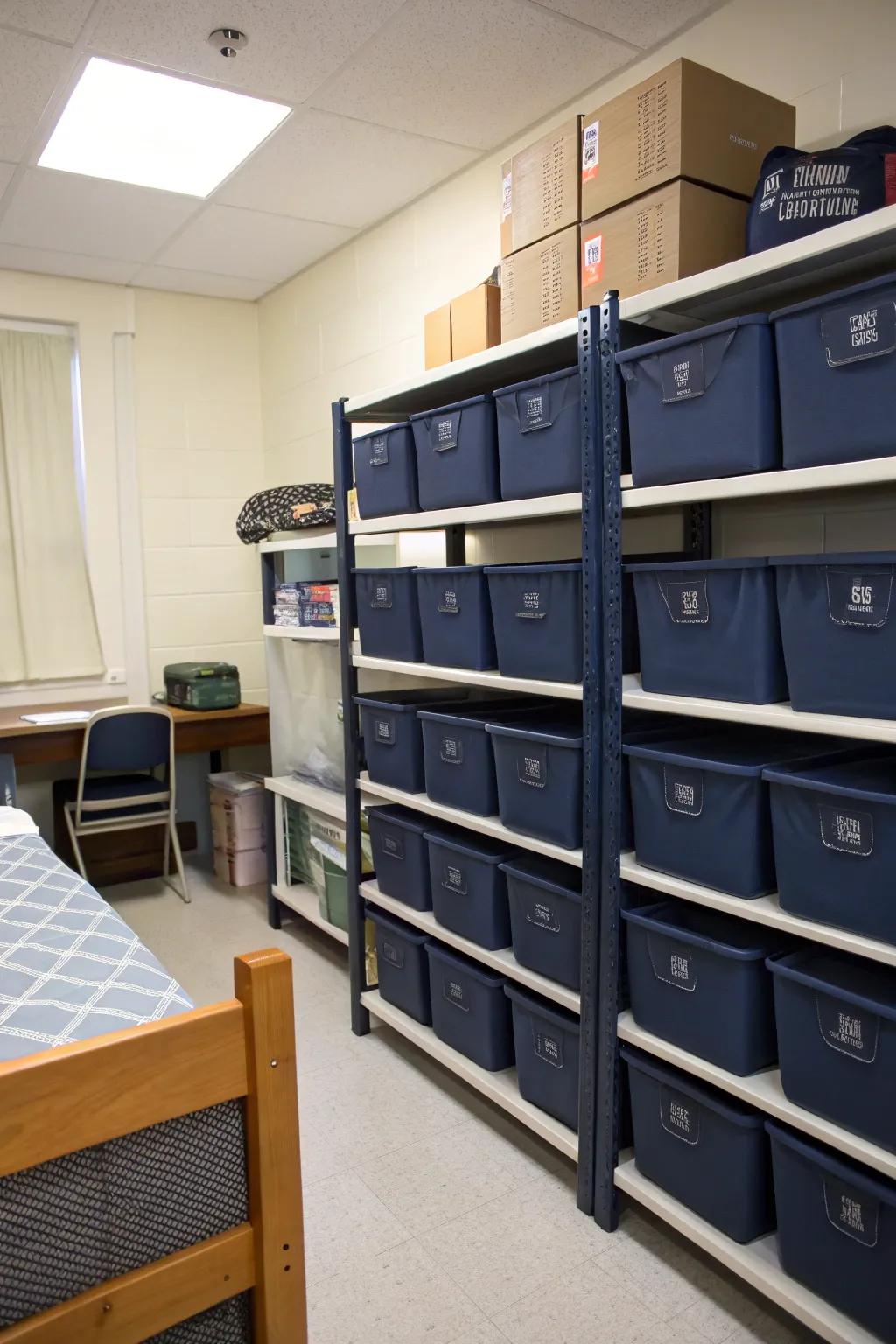 Fashionable storage solutions sustain a well-ordered and cohesive dorm.