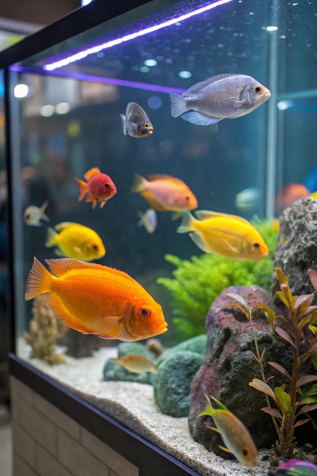 Singular fish varieties contribute inherent pulchritude and intrigue to this aquarium.