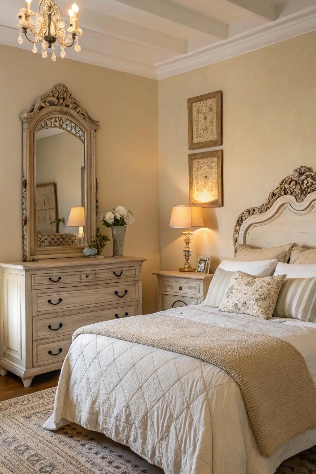 Antique aspects include timeless appeal to the bedroom.