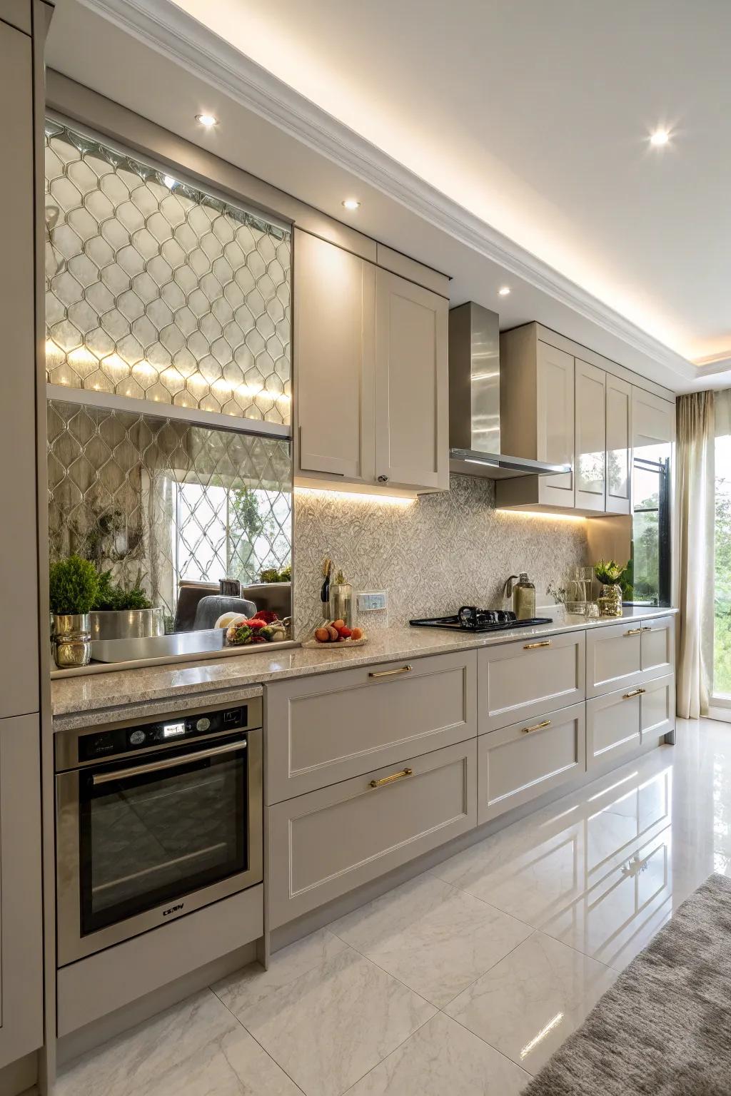 A reflective backsplash contributes unexpected depth and brightness.