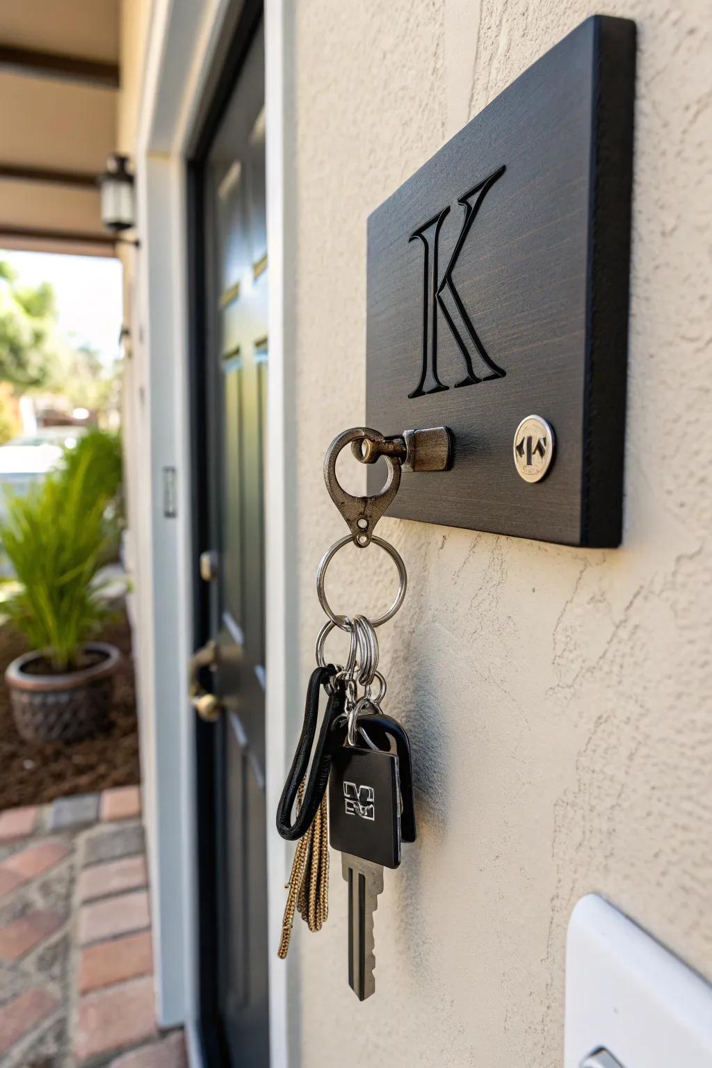 A bespoke key rack provides an organized area.