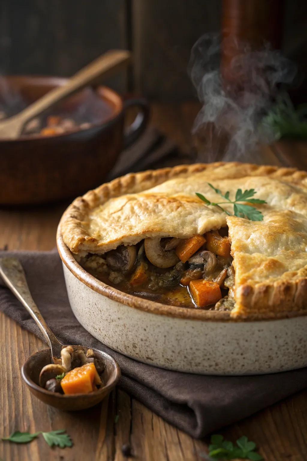 A comforting plant-based fungi and yam potpie, pleasing both plant-based and meat-eaters alike.